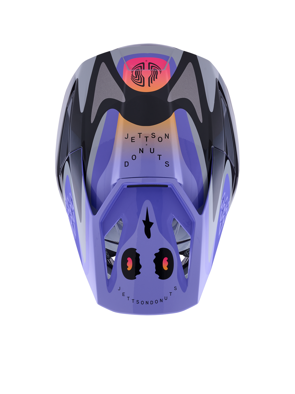 Casco Alpinestars S-M3 Jettson, casco da motocross, grigio viola nero lucido con sfumature arancioni e rosa, vista dall'alto con grafiche 'Jettson Donuts' e logo Alpinestars sulla visiera, finitura lucida.