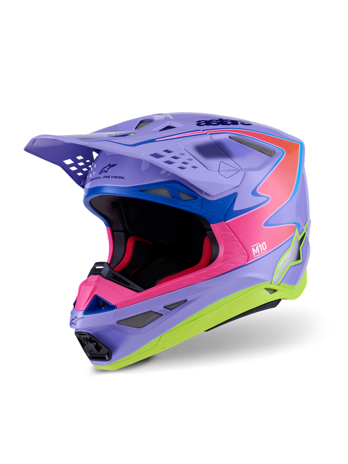 Casco Alpinestars Supertech M10 Jett Lawrence R01, casco da motocross, viola, rosa e giallo fluorescente lucido, design aerodinamico con calotta in carbonio multi-composito, molteplici prese d'aria e grafiche racing vivaci per prestazioni off-road