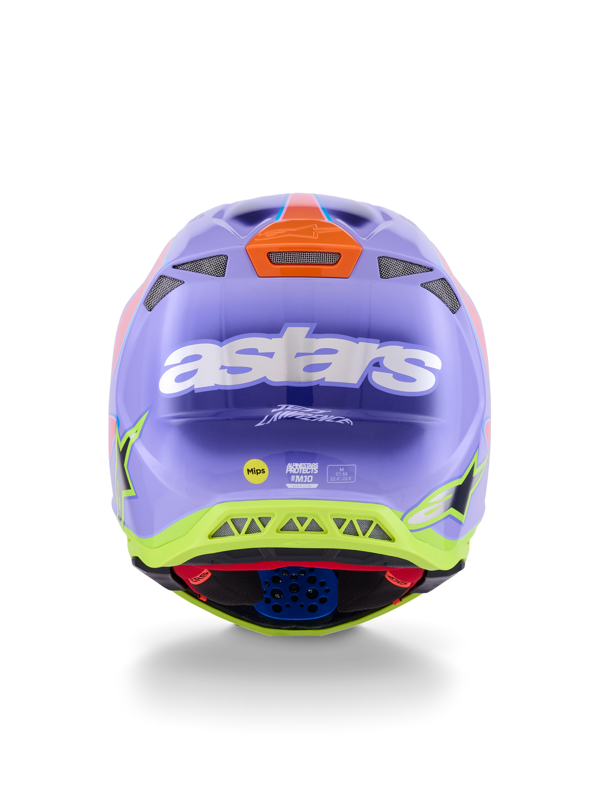 Casco Alpinestars Supertech M10 Jett Lawrence R01, casco da motocross, viola, rosa e giallo fluorescente, vista posteriore con logo astars bianco, firma di Jett Lawrence e prese d'aria multiple, design aerodinamico per corse fuoristrada