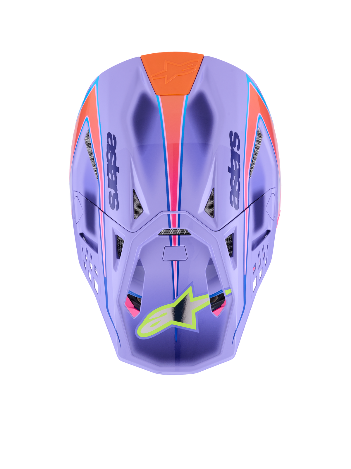 Alpinestars Supertech M10 Jett Lawrence R01 Helmet, casco da motocross, viola con grafiche rosa e arancioni, vista dall'alto che mostra le prese d'aria e la calotta aerodinamica, logo a stella giallo neon sulla visiera, costruzione avanzata in fibra di carbonio per gare fuoristrada