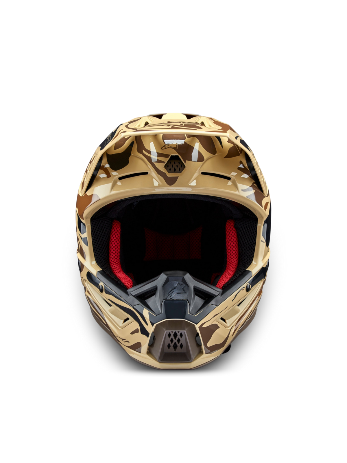 Alpinestars Casco S-M5 Mineral, casco da motocross marrone mimetico, certificato ECE 22.06, vista frontale e interno rosso.