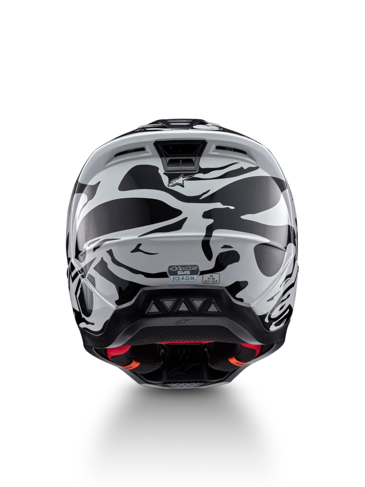 Casco Alpinestars S-M5 Mineral, casco moto off-road grigio, vista posteriore con prese d'aria e certificazione ECE 22.06.