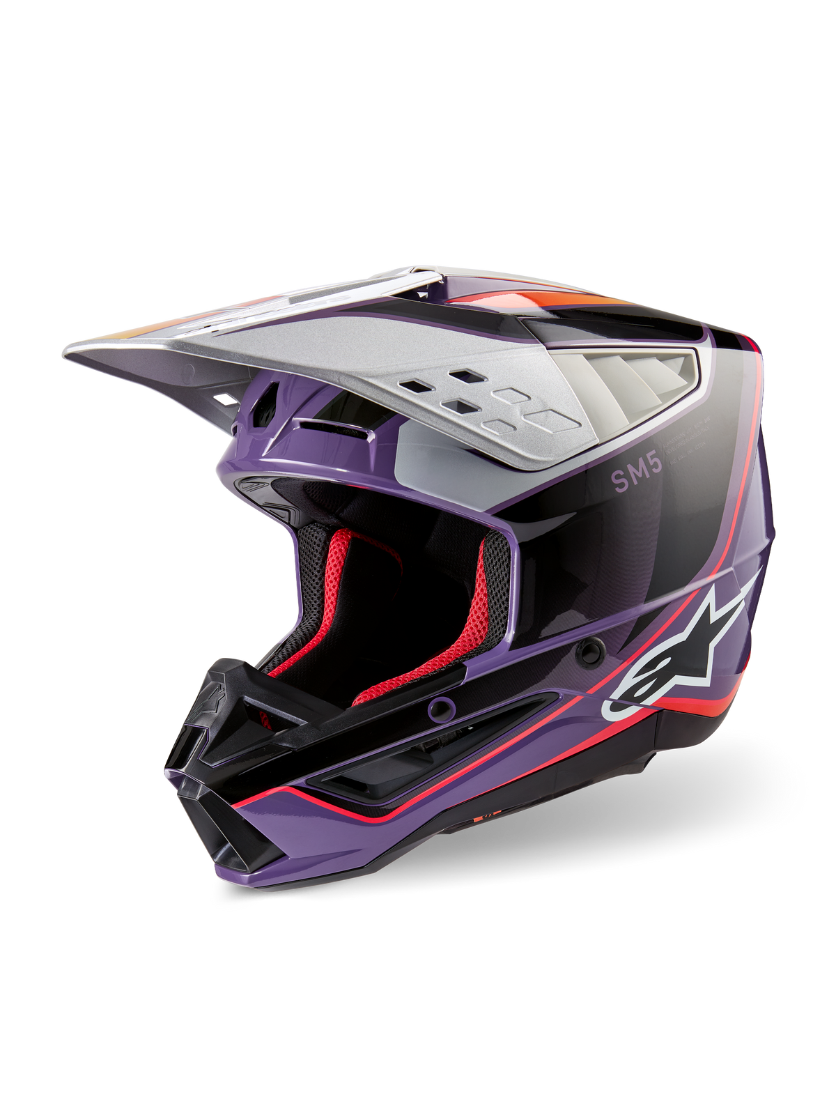 Alpinestars S-M5 Sail Helmet ECE, casco da motocross, viola, nero e argento lucido, con imbottitura interna e accenti rossi, finitura lucida con logo Alpinestars, visiera aerodinamica argento, equipaggiamento protettivo professionale per fuoristrada