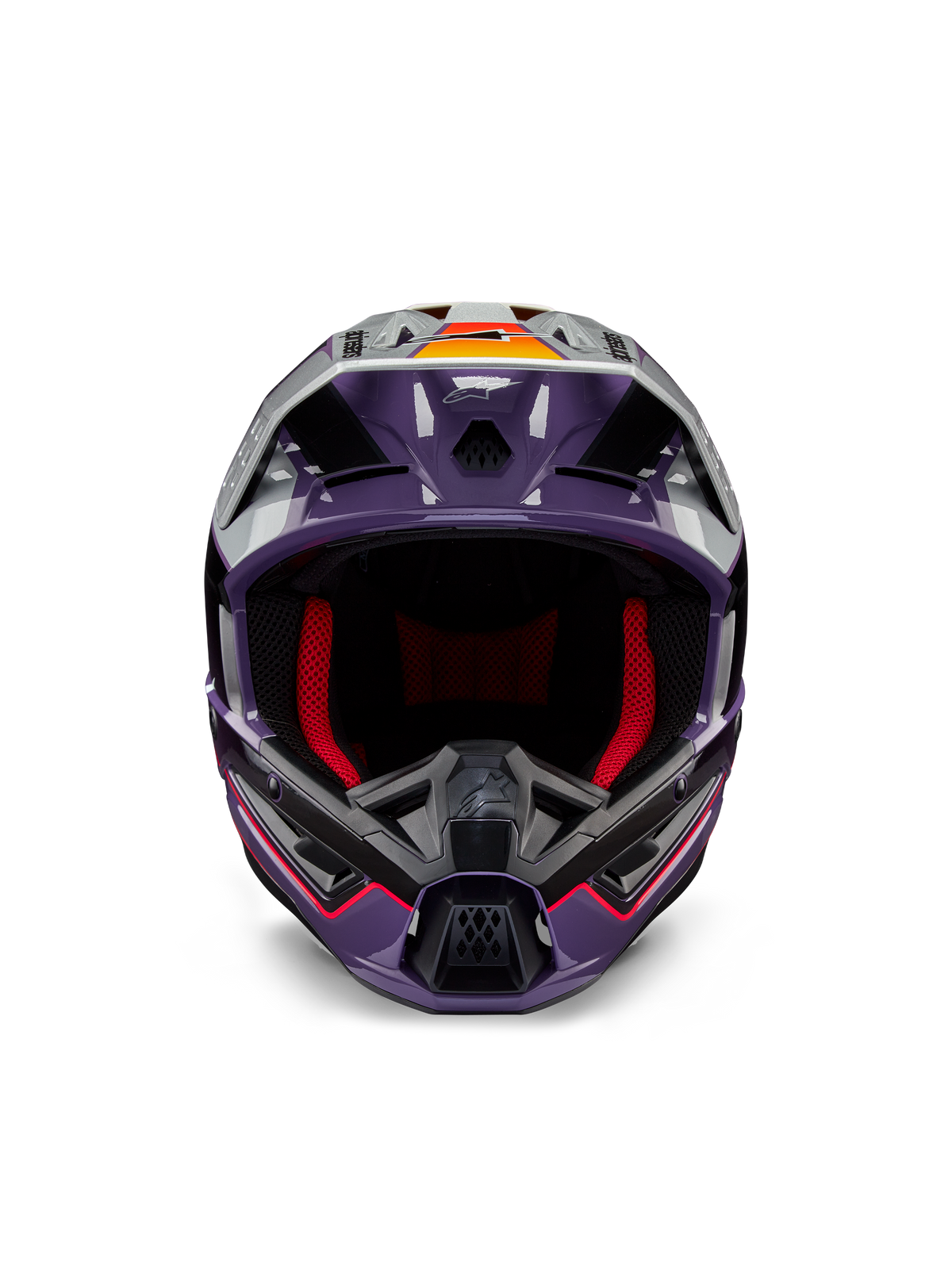 Alpinestars Casco S-M5 Sail ECE, casco da motocross, viola, nero e argento lucido, vista frontale con imbottitura interna rossa, mentoniera ventilata e visiera con dettagli arancioni, calotta aerodinamica per protezione fuoristrada