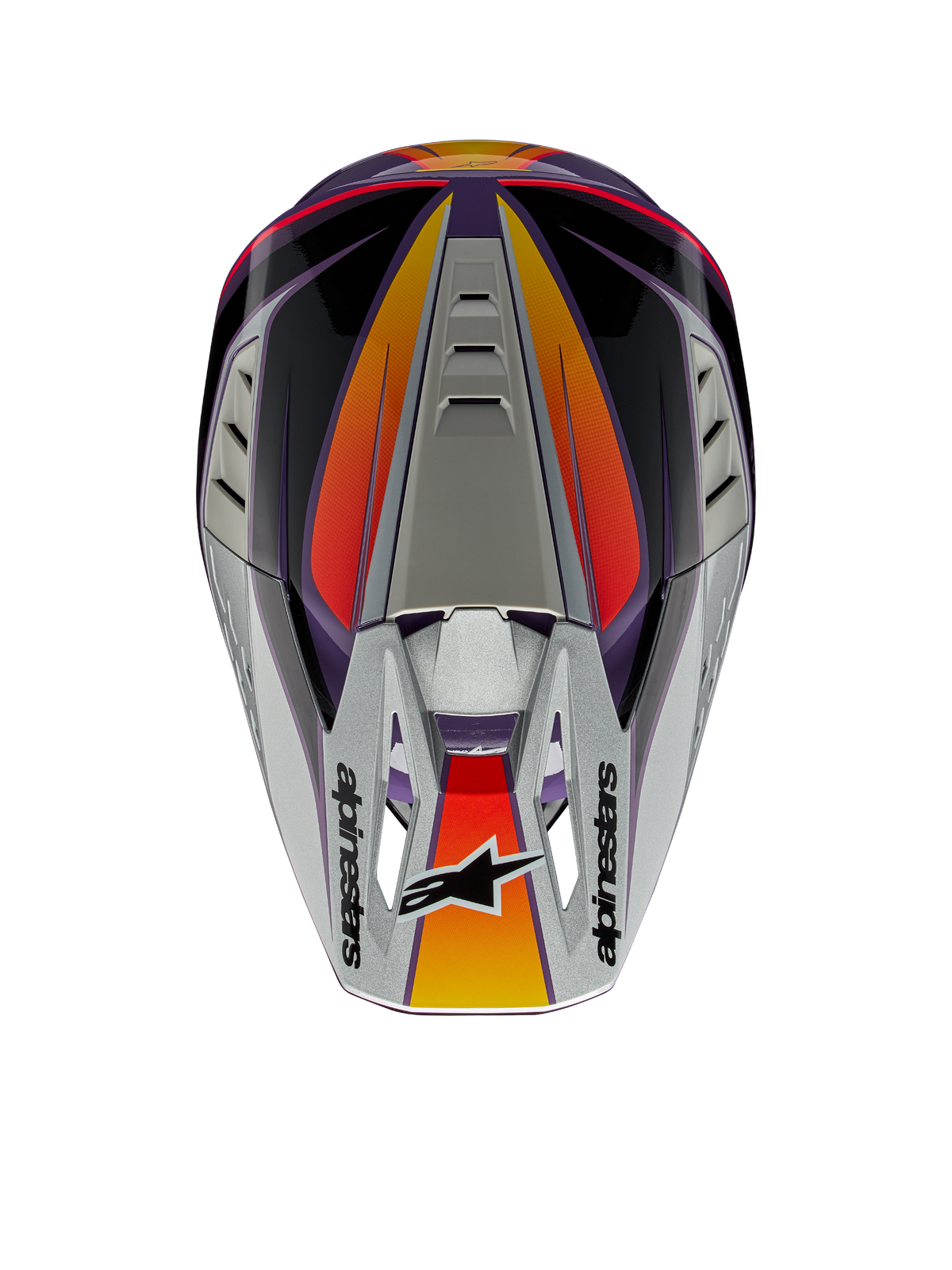 Casco Alpinestars S-M5 Sail ECE, casco da motocross, viola, nero e argento lucido, vista dall'alto che mostra il frontino argento con logo Alpinestars, dettagli sfumati arancioni e rossi, calotta aerodinamica con prese d'aria, protezione per la testa off-road ad alte prestazioni
