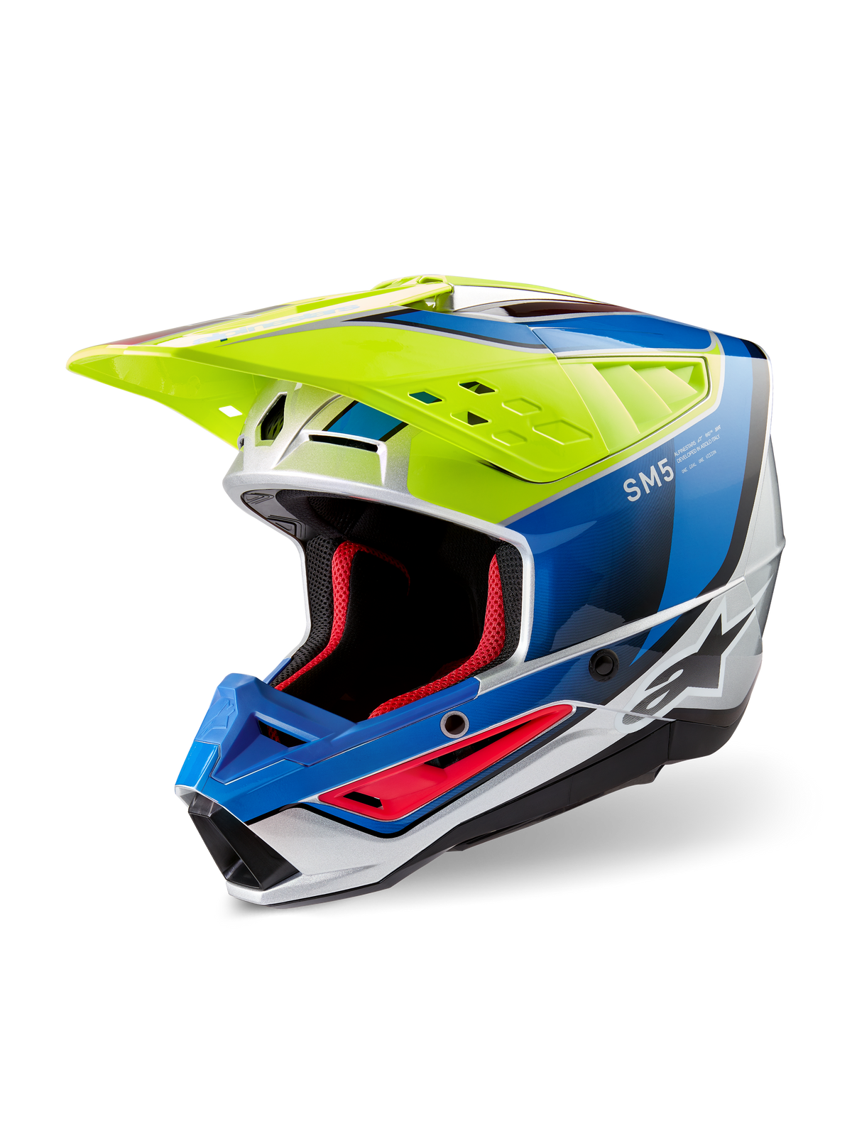 Alpinestars S-M5 Sail Helmet ECE, casco da motocross, giallo fluo, blu smalto e argento lucido, con calotta termoplastica aerodinamica, imbottitura interna rossa e visiera con ventilazione ad alto flusso per prestazioni off-road