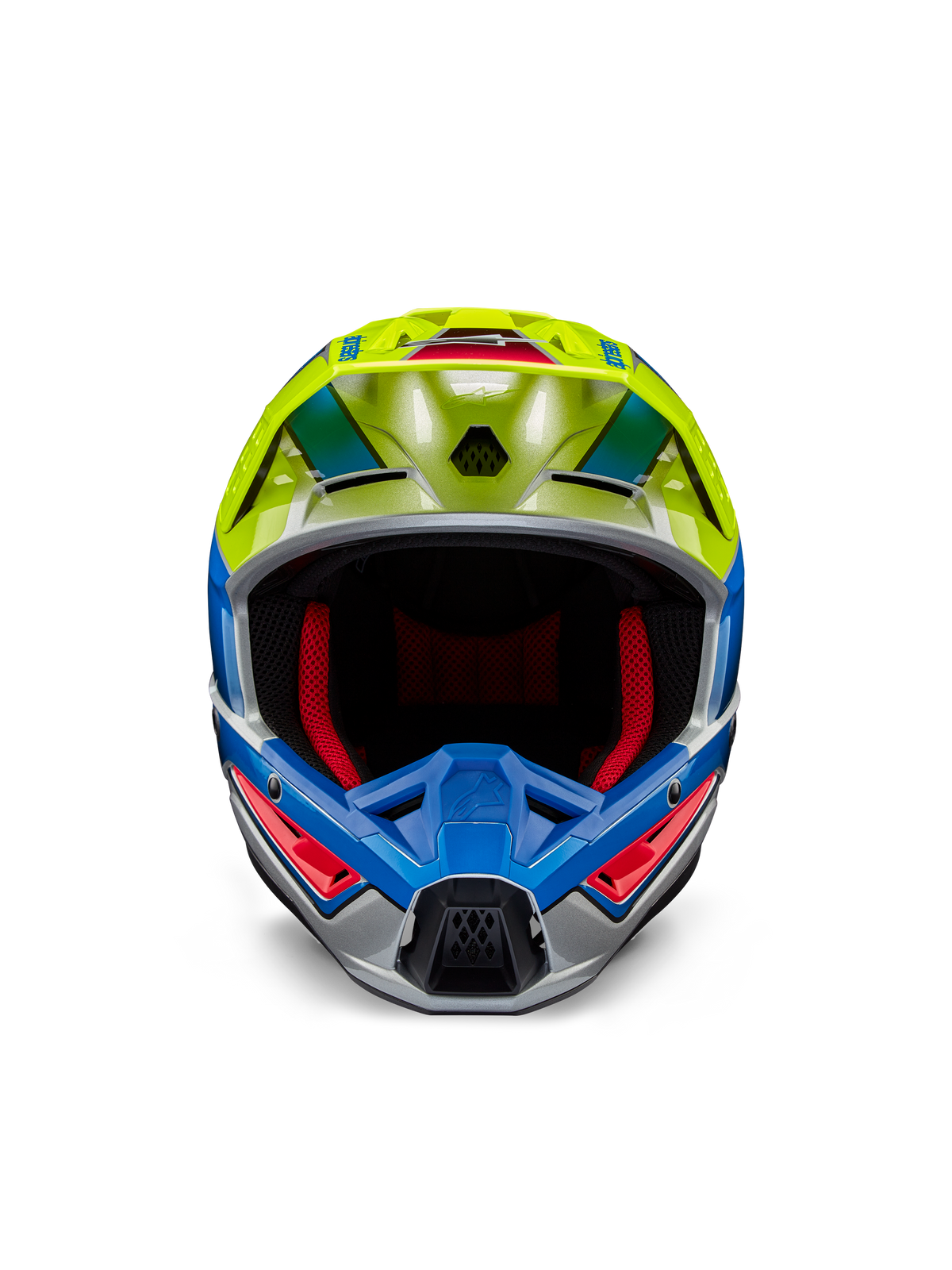 Alpinestars S-M5 Sail Helmet ECE, casco da motocross, giallo fluo e blu smalto con finitura argento lucido, vista frontale con imbottitura interna rossa e visiera aerodinamica, protezione per la testa ad alte prestazioni per corse fuoristrada