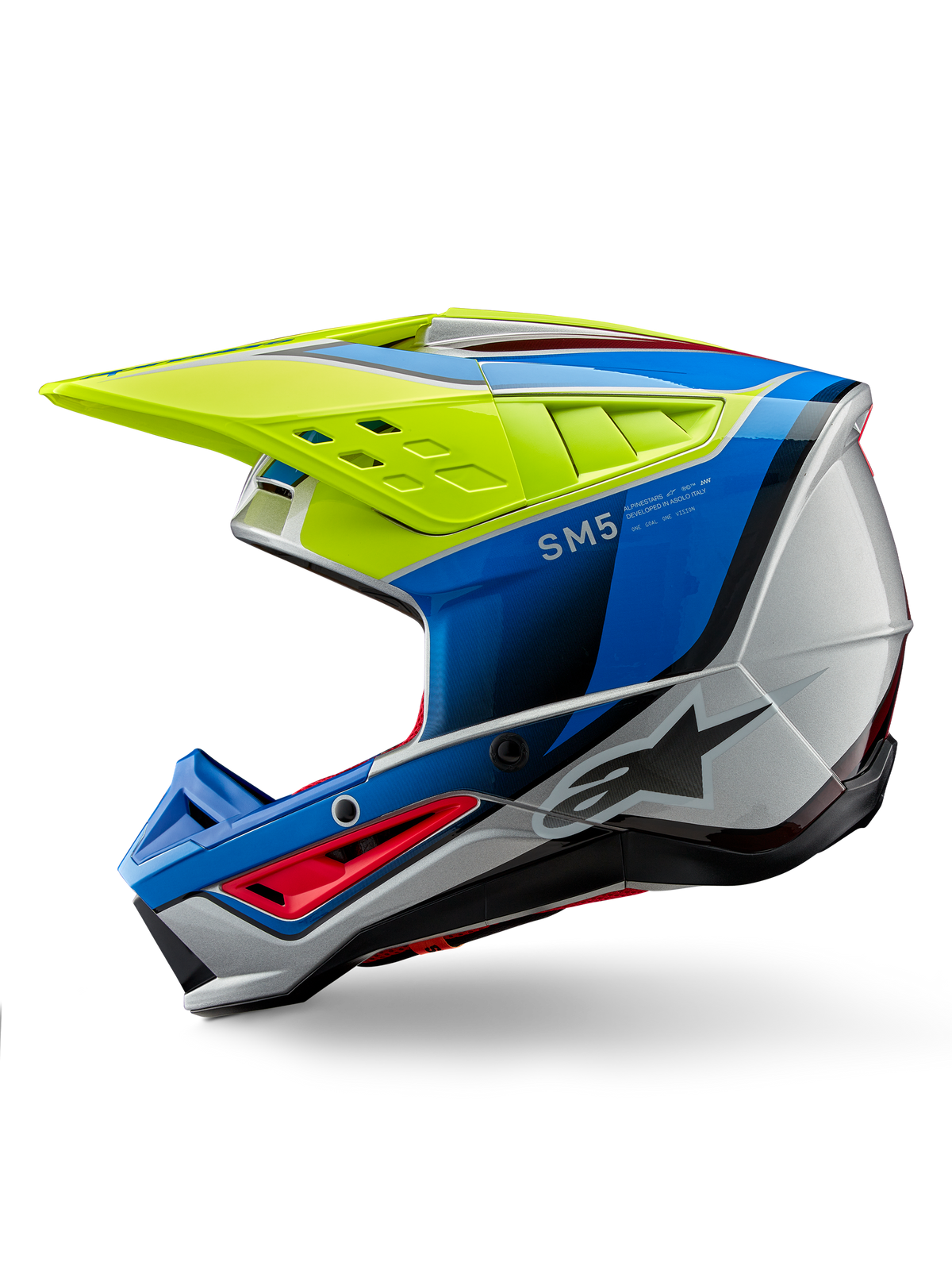 Alpinestars S-M5 Sail Helmet ECE, casco da motocross, giallo fluo, blu smalto e argento lucido, vista laterale, design aerodinamico ed elegante, visiera ventilata, logo Alpinestars in evidenza, protezione per la testa ad alte prestazioni per corse fuoristrada