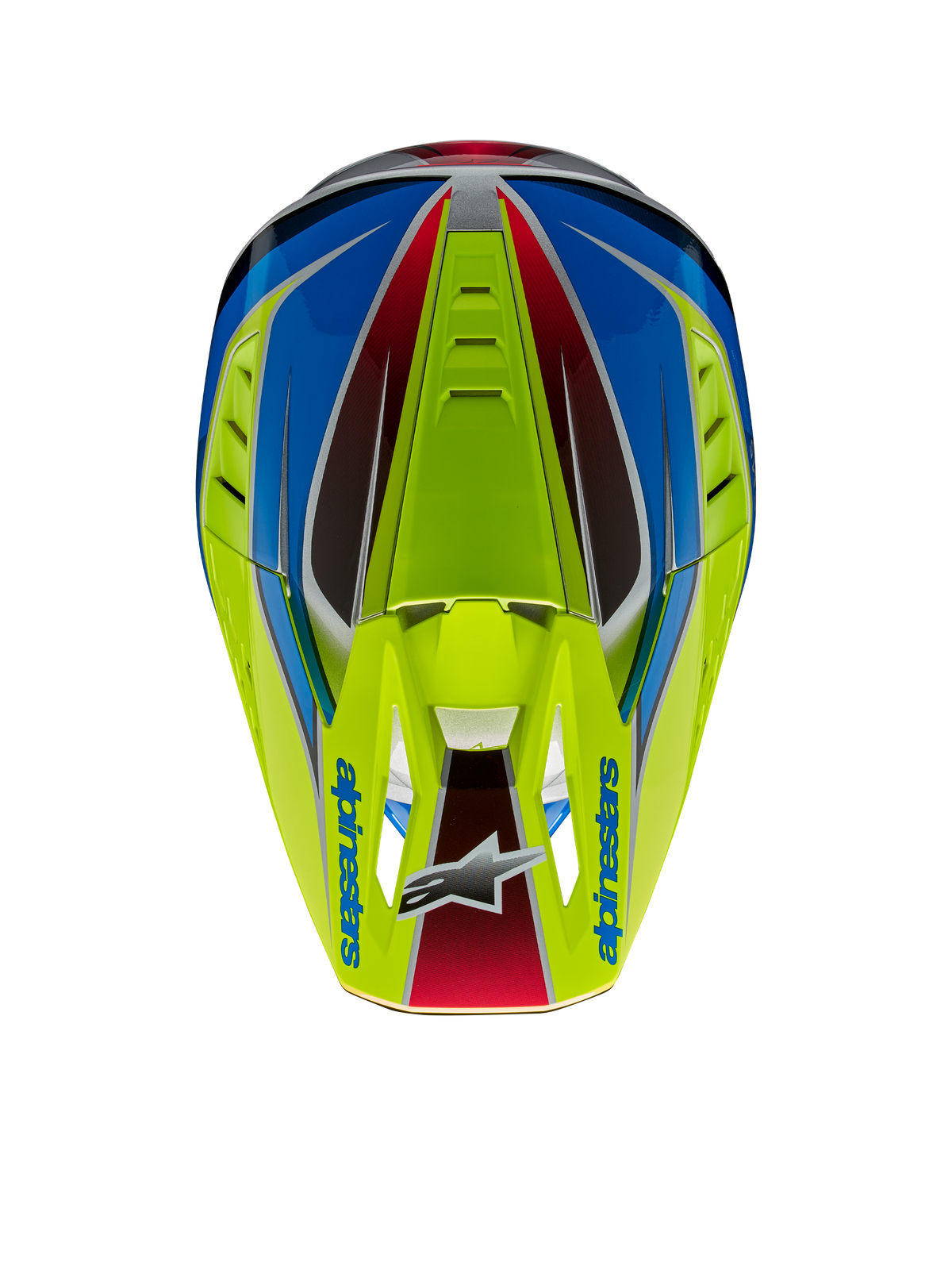 Casco Alpinestars S-M5 Sail ECE, casco da motocross, giallo fluo, blu enamel e argento lucido, vista dall'alto che mette in evidenza la visiera con logo Alpinestars e le prese d'aria integrate