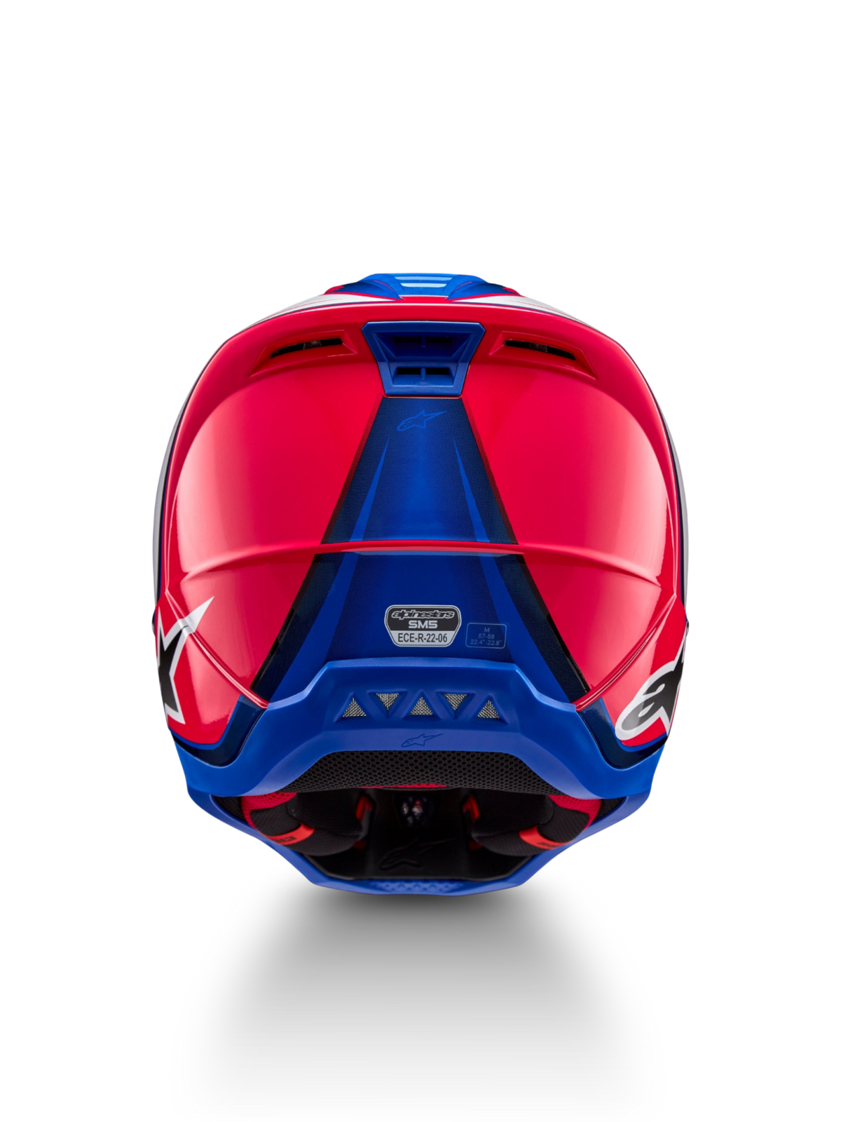 Alpinestars Casco S-M5 Sail ECE 22.06, casco da motocross racing, rosa e blu, vista posteriore con prese d'aria e certificazione ECE 22.06