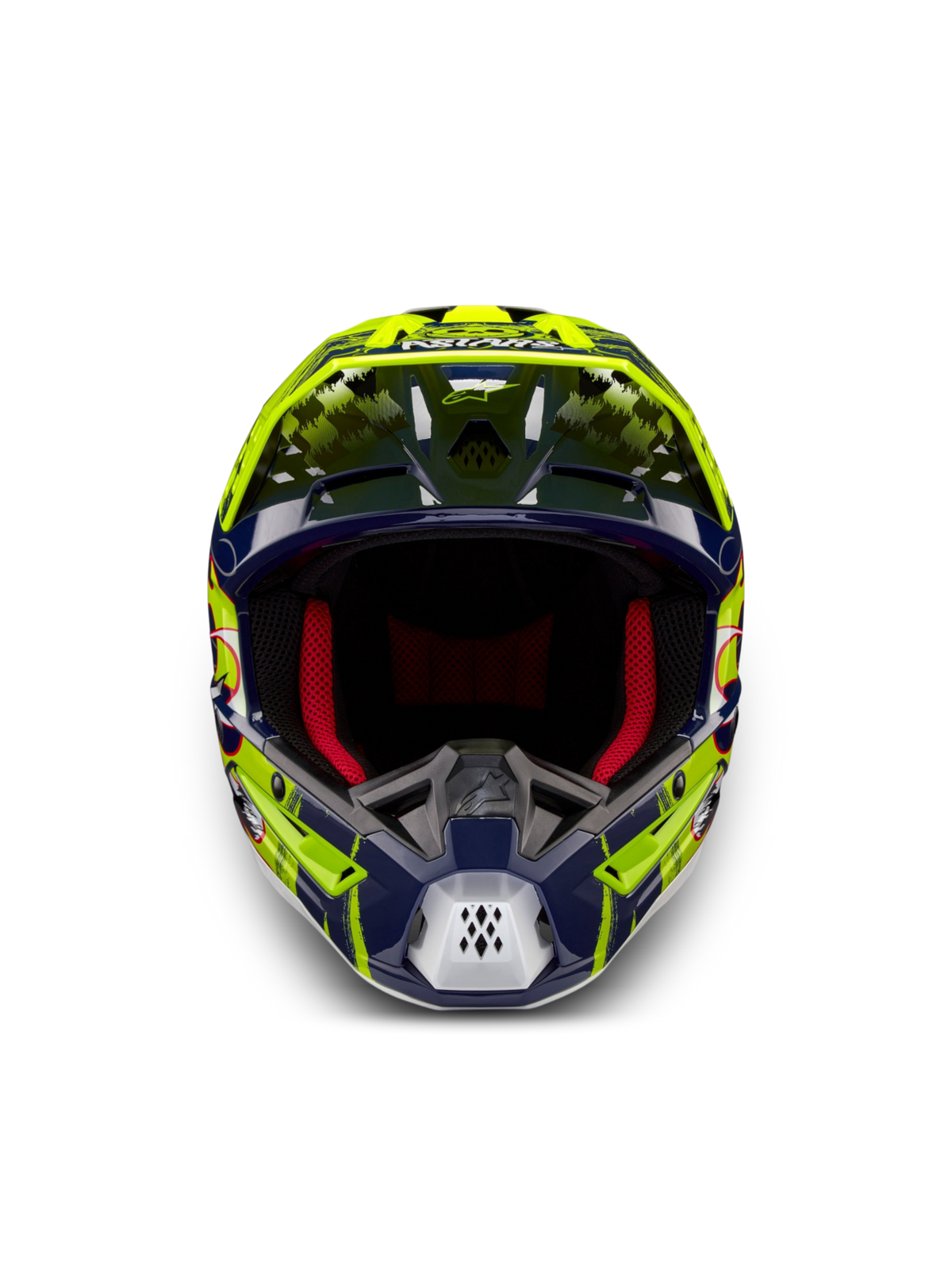Alpinestars Casco S-M5 Rash ECE 22.06, casco da motocross off-road, notte marina e giallo fluo, vista frontale con imbottitura rossa, certificato ECE 22.06