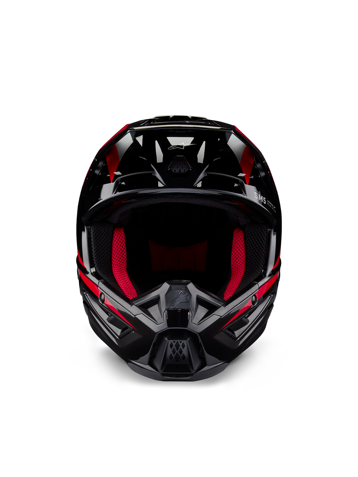Casco Alpinestars Honda S-M5 ECE, casco da motocross, nero e rosso lucido, vista frontale con finitura nera lucida e grafiche rosse, imbottitura interna rosso vivace, design angolare con molteplici prese d'aria, protezione ad alte prestazioni per il motocross