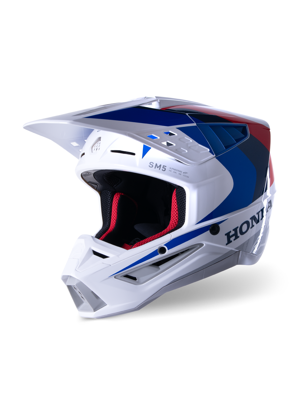Alpinestars Honda S-M5 Helmet ECE, casco da motocross, bianco, blu e rosso lucido, con marchio Honda evidente sul lato, imbottitura interna in mesh rossa, visiera aerodinamica con prese d'aria integrate, design grafico accattivante per corse fuoristrada