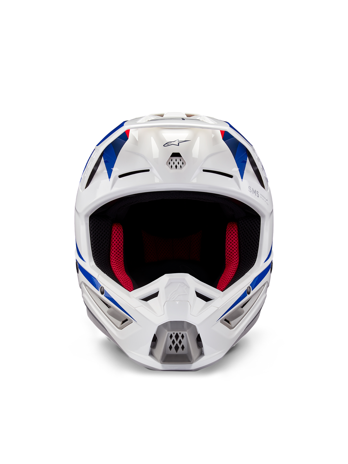 Casco Alpinestars Honda S-M5 ECE, casco da motocross, bianco, blu e rosso lucido, vista frontale con prese d'aria e imbottitura interna rossa, design aerodinamico per la protezione nelle corse fuoristrada
