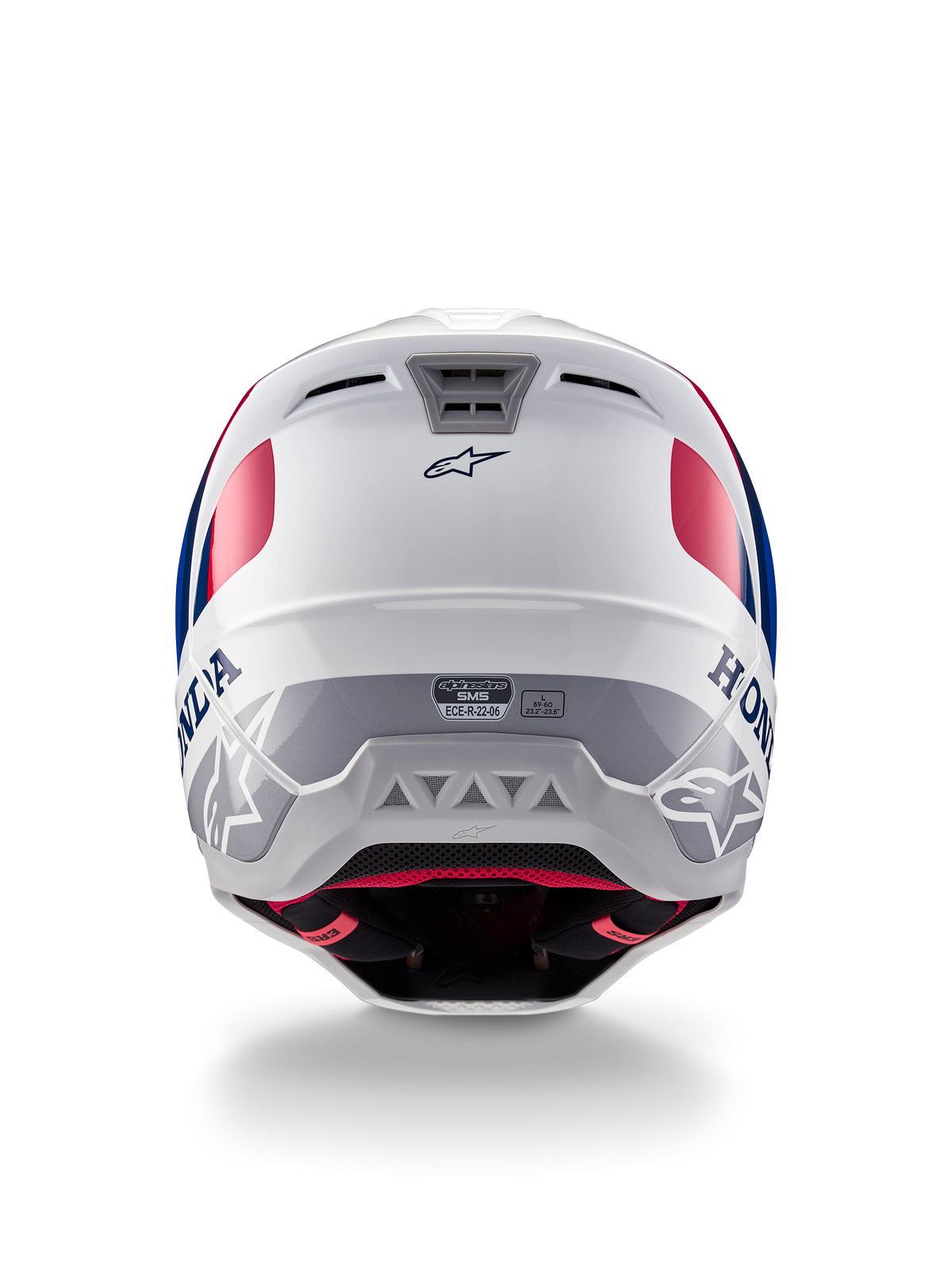 Casco Alpinestars Honda S-M5 ECE, casco da motocross, bianco, blu e rosso lucido, vista posteriore con marchi Honda e Alpinestars, calotta aerodinamica con prese d'aria integrate ed etichetta di certificazione ECE.