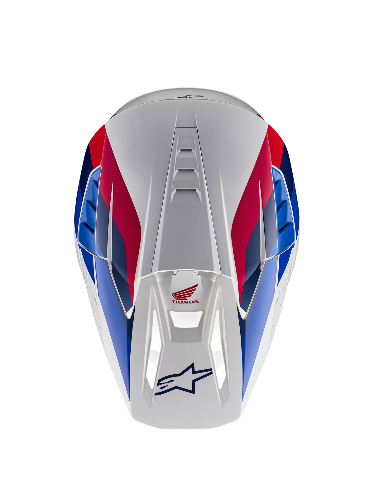 Alpinestars Casco Honda S-M5 ECE, casco da motocross, bianco, blu e rosso lucido, vista dall'alto che evidenzia i canali di ventilazione, con grafiche rosse e blu e loghi Honda e Alpinestars