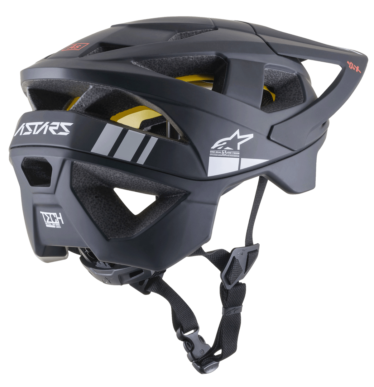 Casco MTB Alpinestars Vector Tech A1, casco da mountain bike, nero opaco con accenti grigio chiaro, profilo laterale-posteriore con aperture di ventilazione, logo a stella Alpinestars bianco, marchio ASTARS e fodera MIPS gialla visibile, con cinturino nero regolabile.