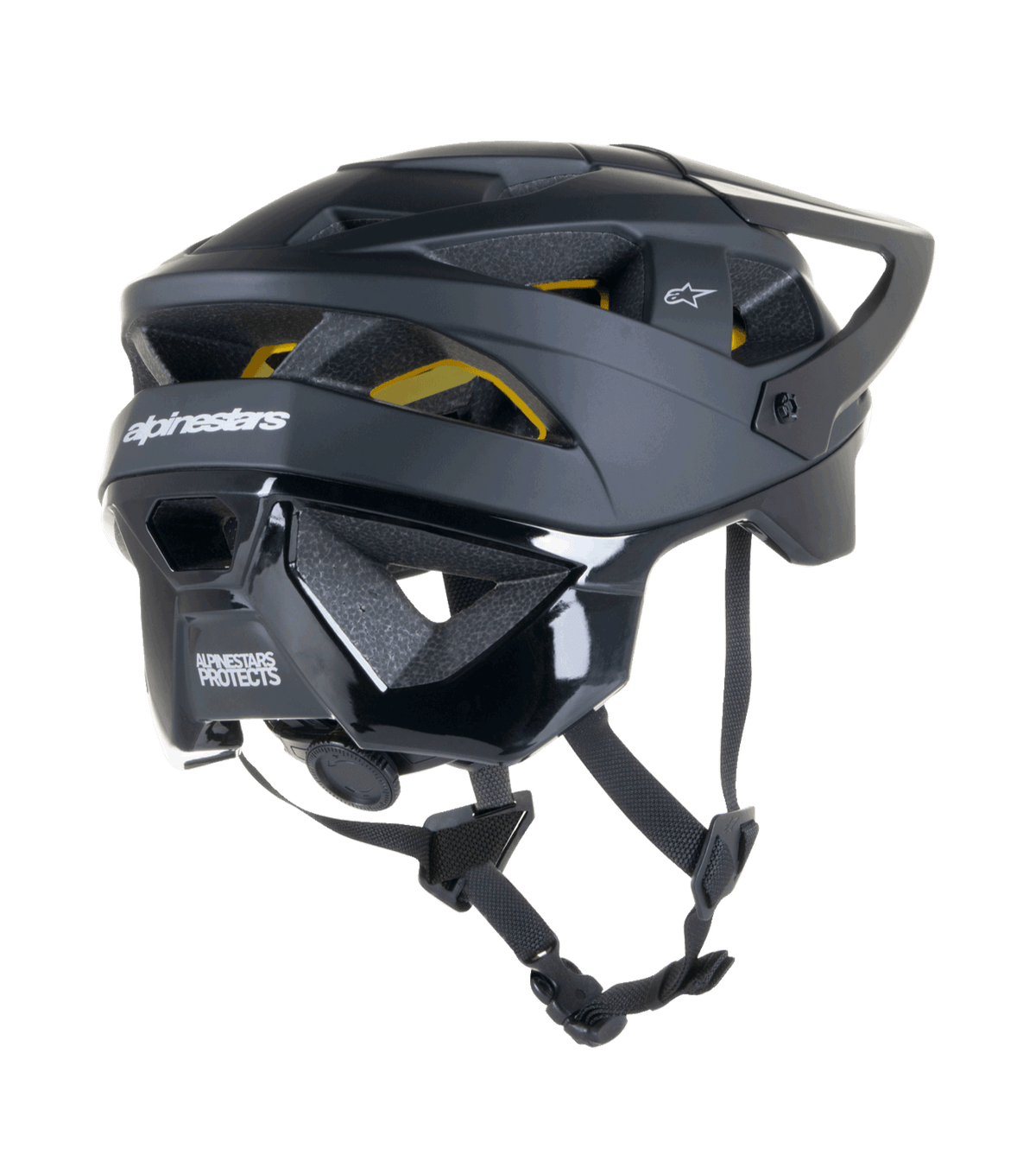 Casco Alpinestars Vector Tech Solid, casco da ciclismo MTB, finitura nero opaco e lucido, con protezione Mips, 19 prese d'aria e copertura estesa sulla nuca per protezione fuoristrada
