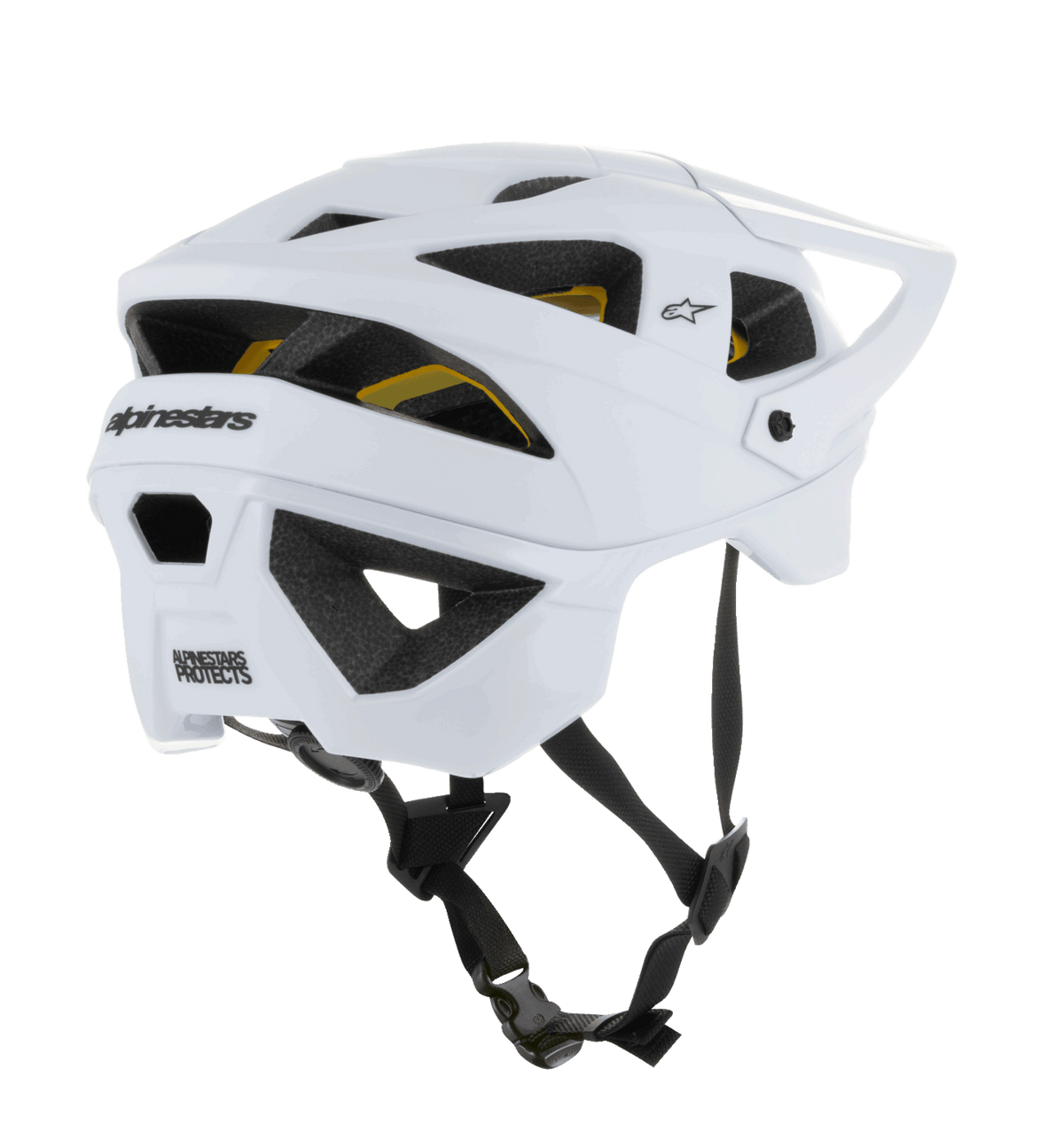 Casco Alpinestars Vector Tech Solid, casco MTB aperto, finitura bianco opaco e lucido, ampie prese d'aria con sistema Mips giallo visibile, logo Alpinestars nero sul retro, cinturino sottogola nero regolabile, protezione professionale per mountain bike