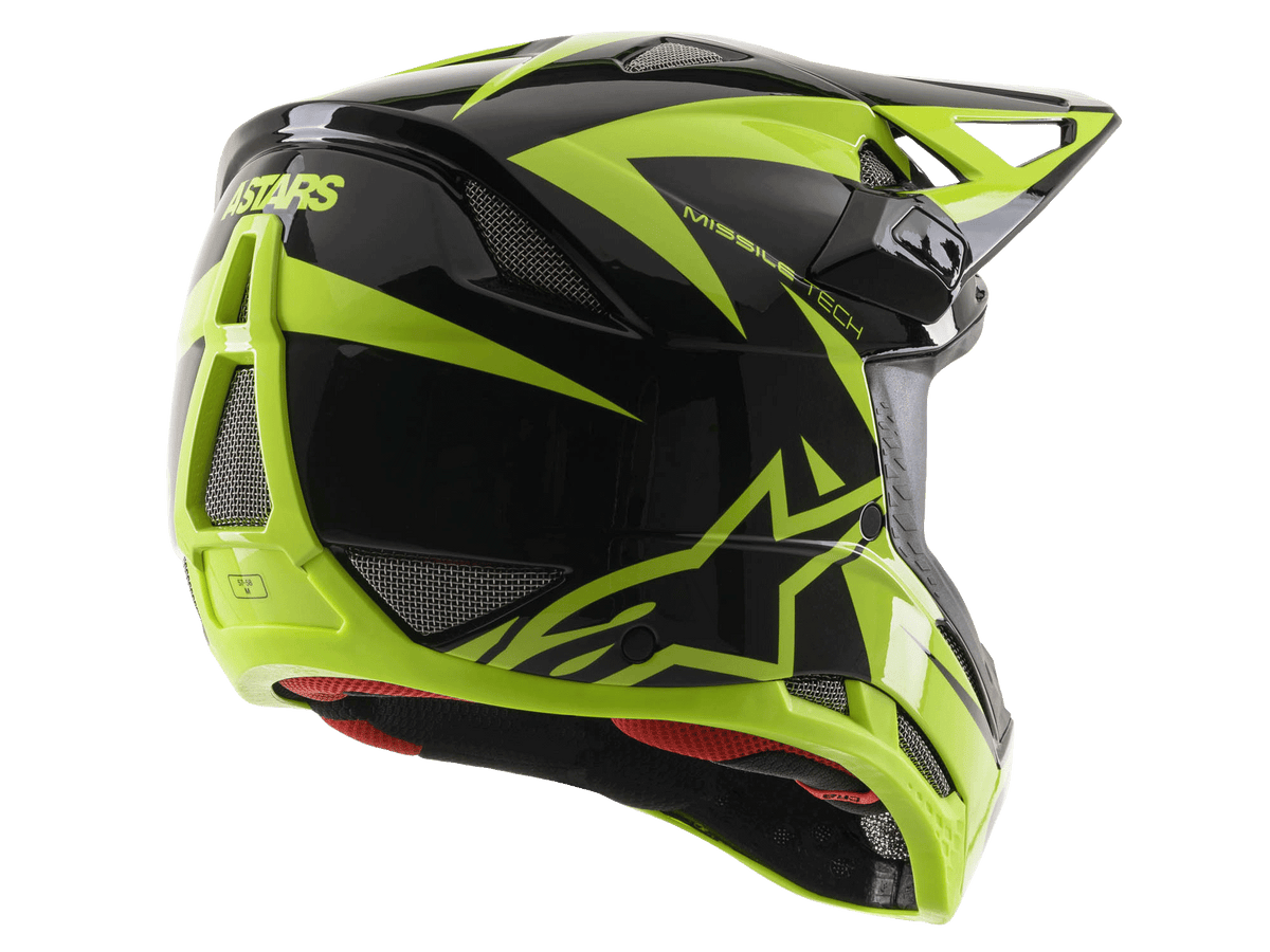 Casco integrale Alpinestars Missile Tech-Air, nero e giallo fluo lucido, vista posteriore di tre quarti con ampie porte di ventilazione in mesh, marchio ASTARS e fodera interna rossa, progettato per prestazioni MTB downhill
