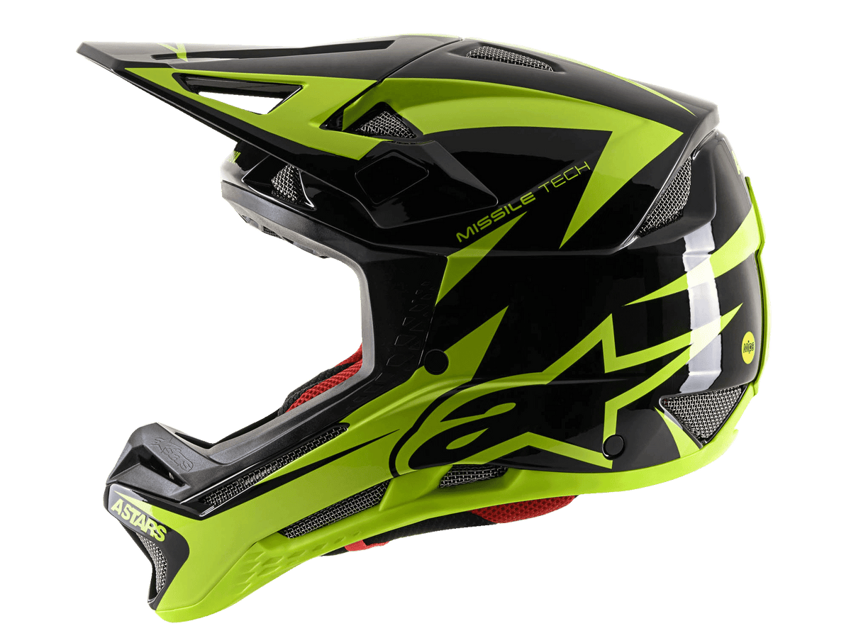 Alpinestars Casco Integrale Missile Tech-Air, casco integrale MTB, nero e giallo fluo lucido, vista di profilo con grande logo a stella giallo, prese d'aria in rete e visiera aerodinamica per downhill mountain bike