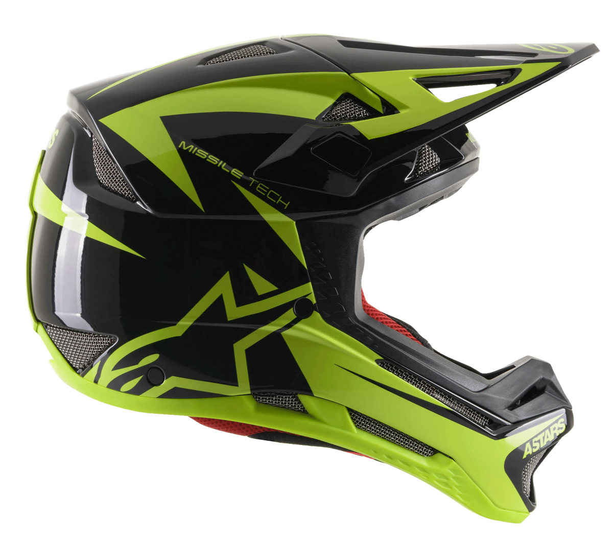 Casco integrale Alpinestars Missile Tech-Air, casco da MTB Downhill, nero e giallo fluo lucido, vista di profilo laterale con prese d'aria a rete aerodinamiche, grande logo a stella giallo fluorescente e marchio MISSILE TECH, rivestimento interno rosso, design aerodinamico ad alte prestazioni per mountain bike