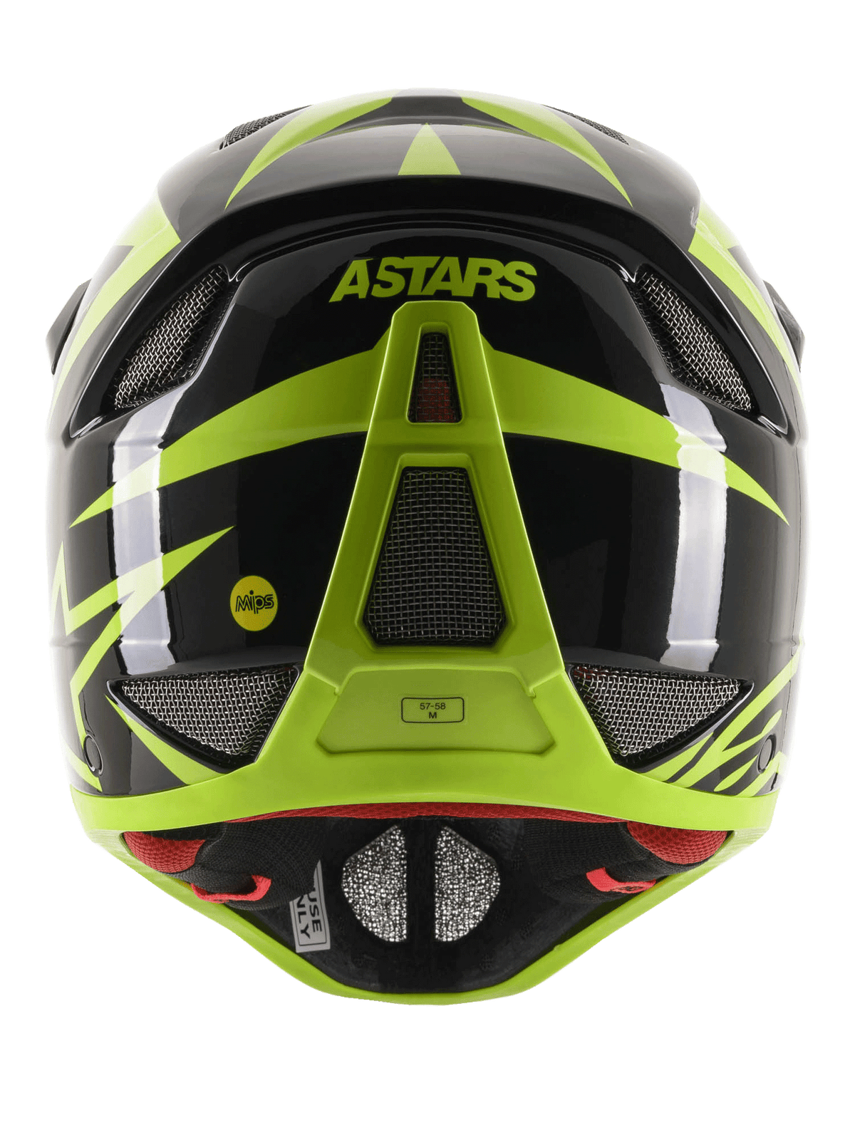 Casco Integrale Alpinestars Missile Tech-Air, vista posteriore, nero e giallo fluo lucido, caratterizzato dal marchio ASTARS e dal logo MIPS, design aerodinamico con molteplici prese d'aria protette da rete