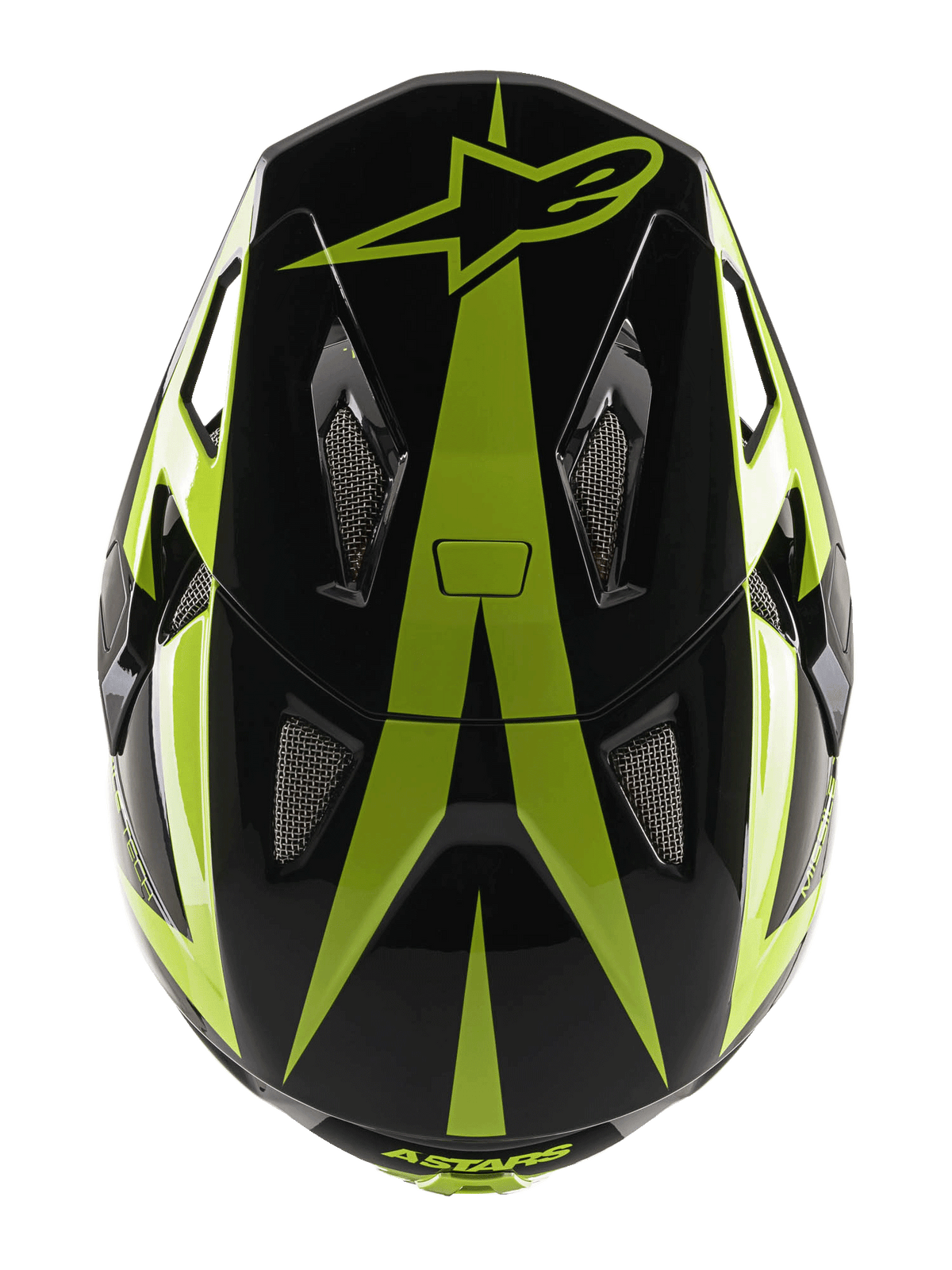 Alpinestars Missile Tech-Air Full Face Helmet, casco da MTB, nero e giallo fluo lucido, vista dall'alto che mostra il logo a stella e le prese d'aria a rete