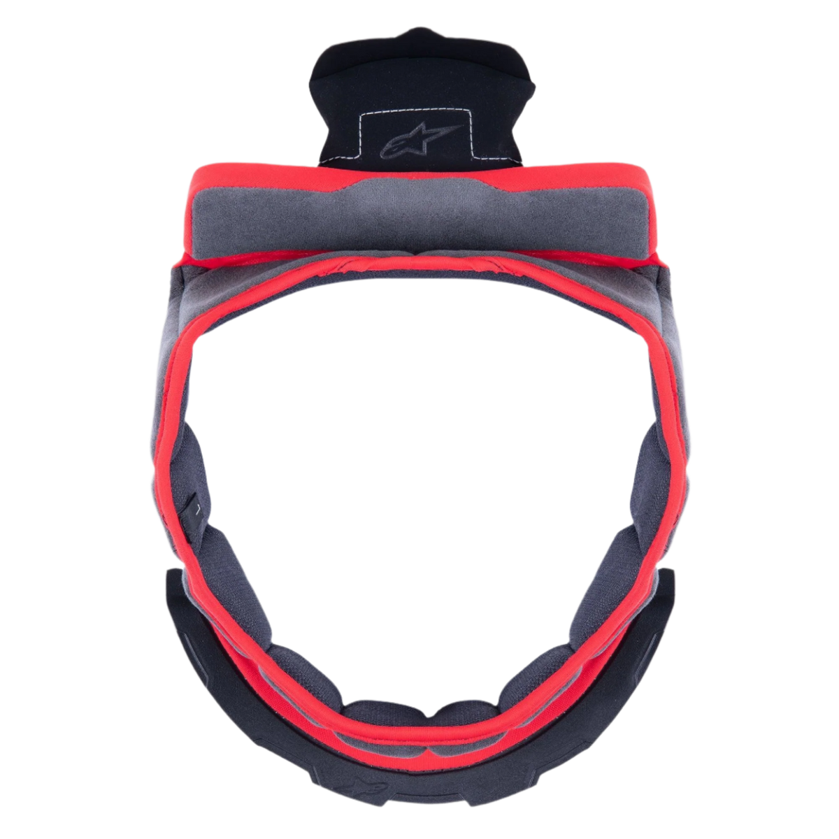 Alpinestars Supertech R10 Crown Pad, imbottitura interna di ricambio per casco grigia, forma circolare con profili rossi e tessuto grigio, componenti di fissaggio in plastica nera con logo Alpinestars, progettata per il comfort e la personalizzazione della calzata
