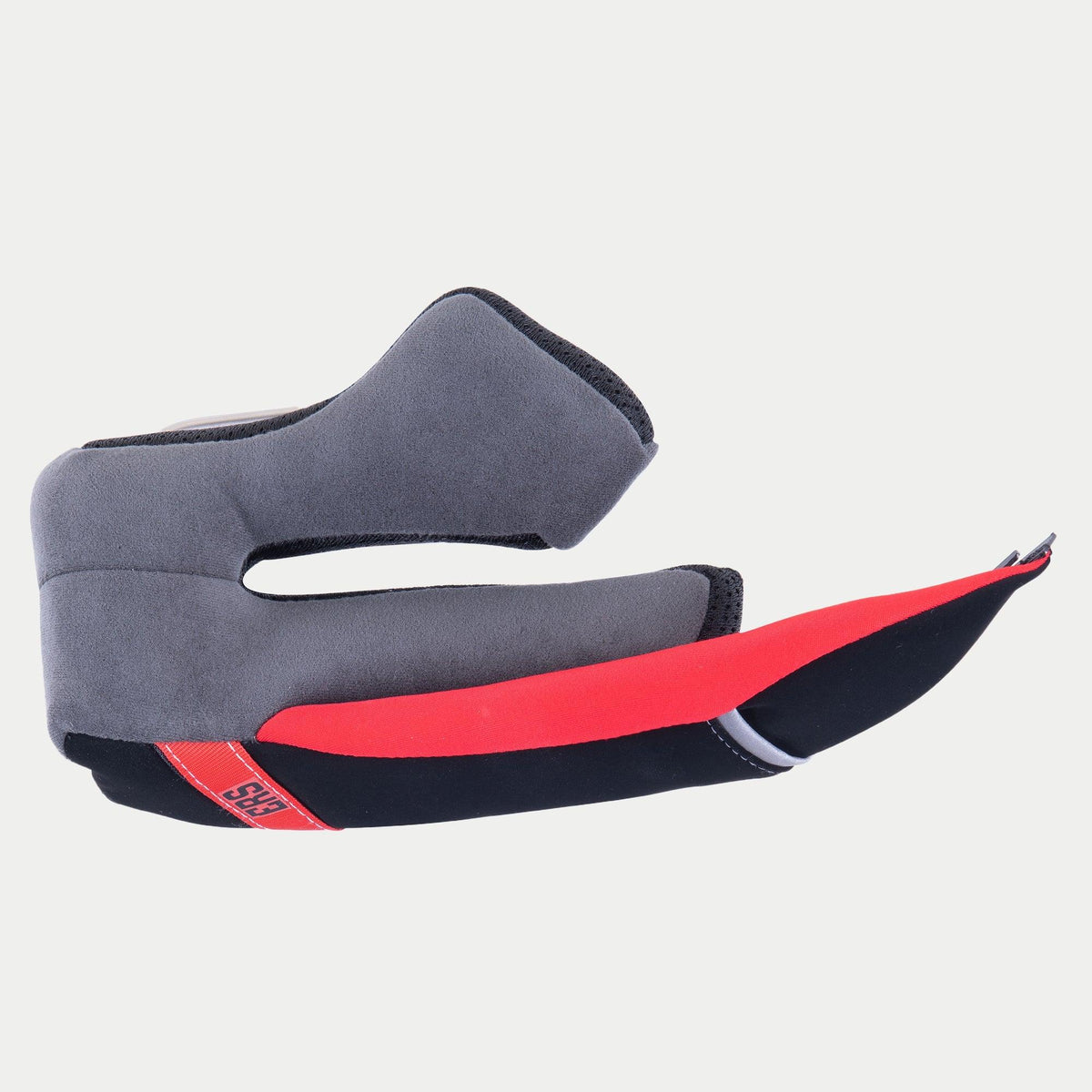 Alpinestars Supertech R10 Regular Cheek Pad, grigio e rosso, ricambio interno per casco, con morbida imbottitura grigia e linguetta rossa per lo sgancio d'emergenza ERS, vista laterale di profilo