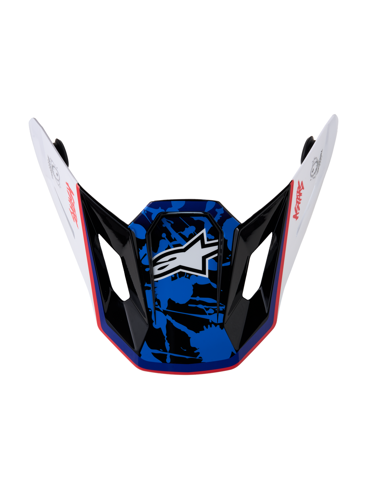 Alpinestars S-M7 Blaster Visor, Motocross Helmet Replacement Peak, White, Blue and Red Glossy, splatter graphic finish.