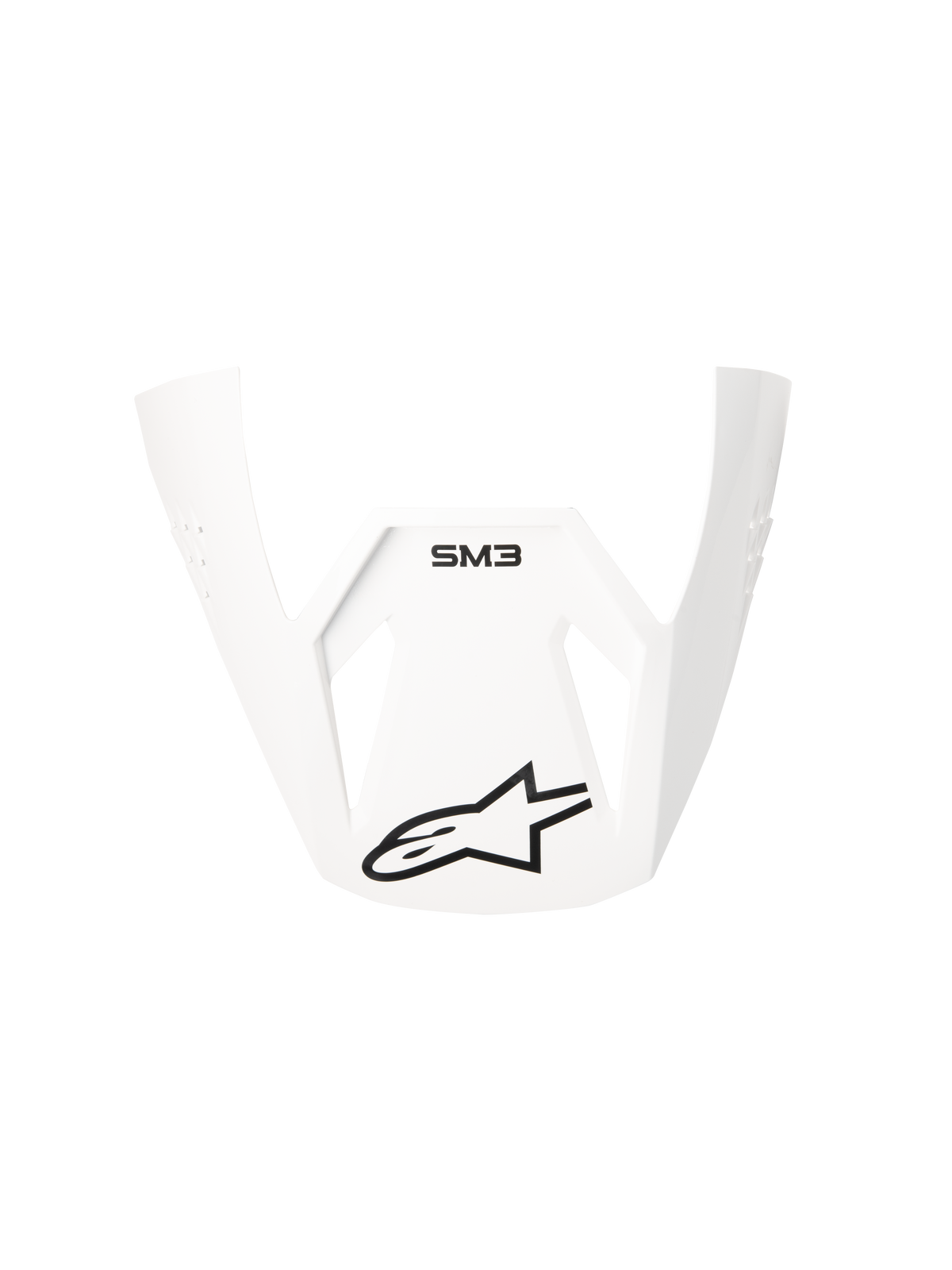 Visiera Alpinestars S-M3 Solid ECE06, frontino di ricambio bianco lucido per caschi da motocross, con marchio SM3 nero e logo Alpinestars a stella, design angolare e aerodinamico per prestazioni off-road
