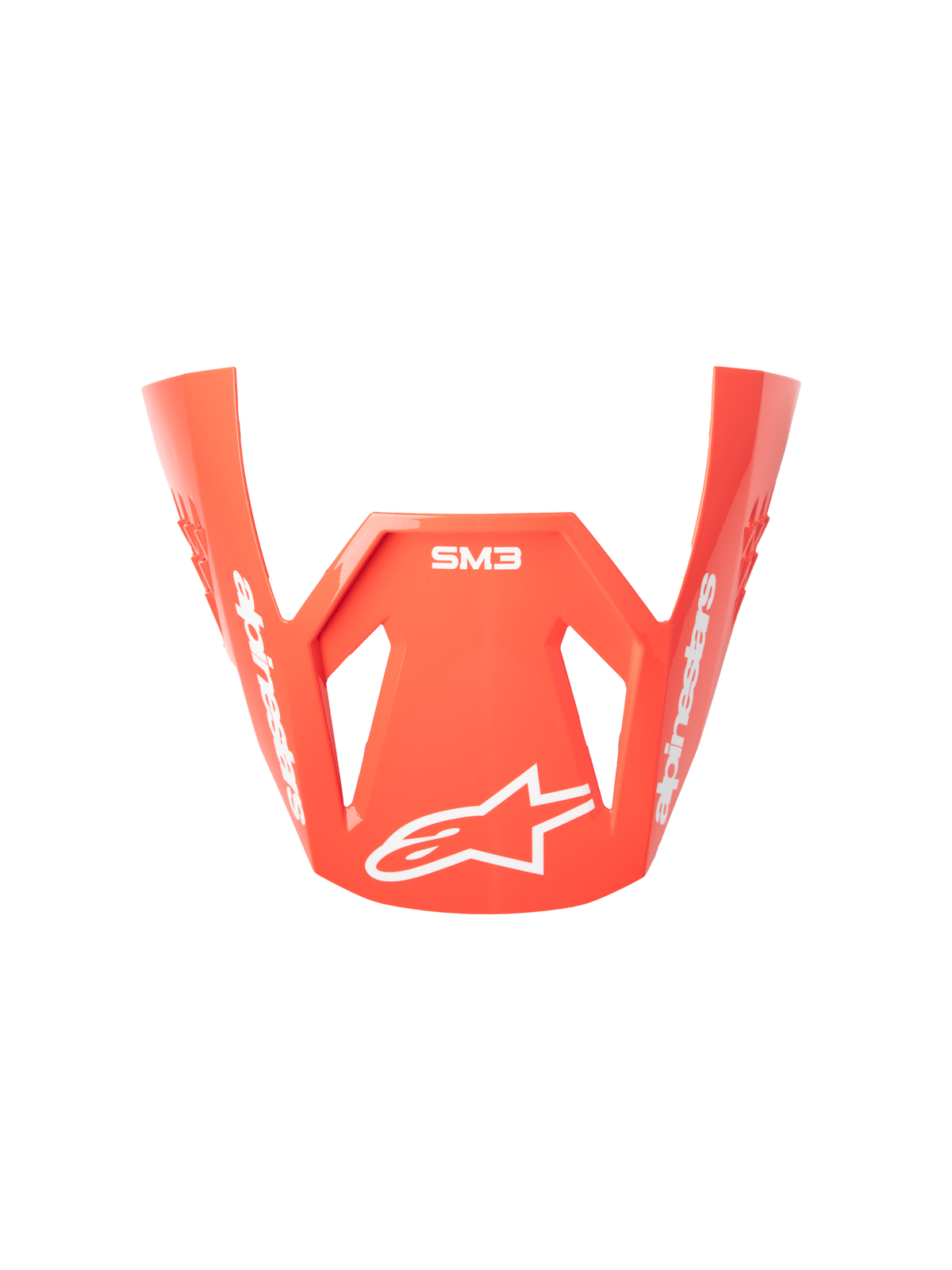Visiera Alpinestars S-M3 Radium, frontino per casco da motocross, rosso fluo, finitura lucida, con branding Alpinestars e logo a stella bianchi, design aerodinamico angolare per uso motocross e fuoristrada
