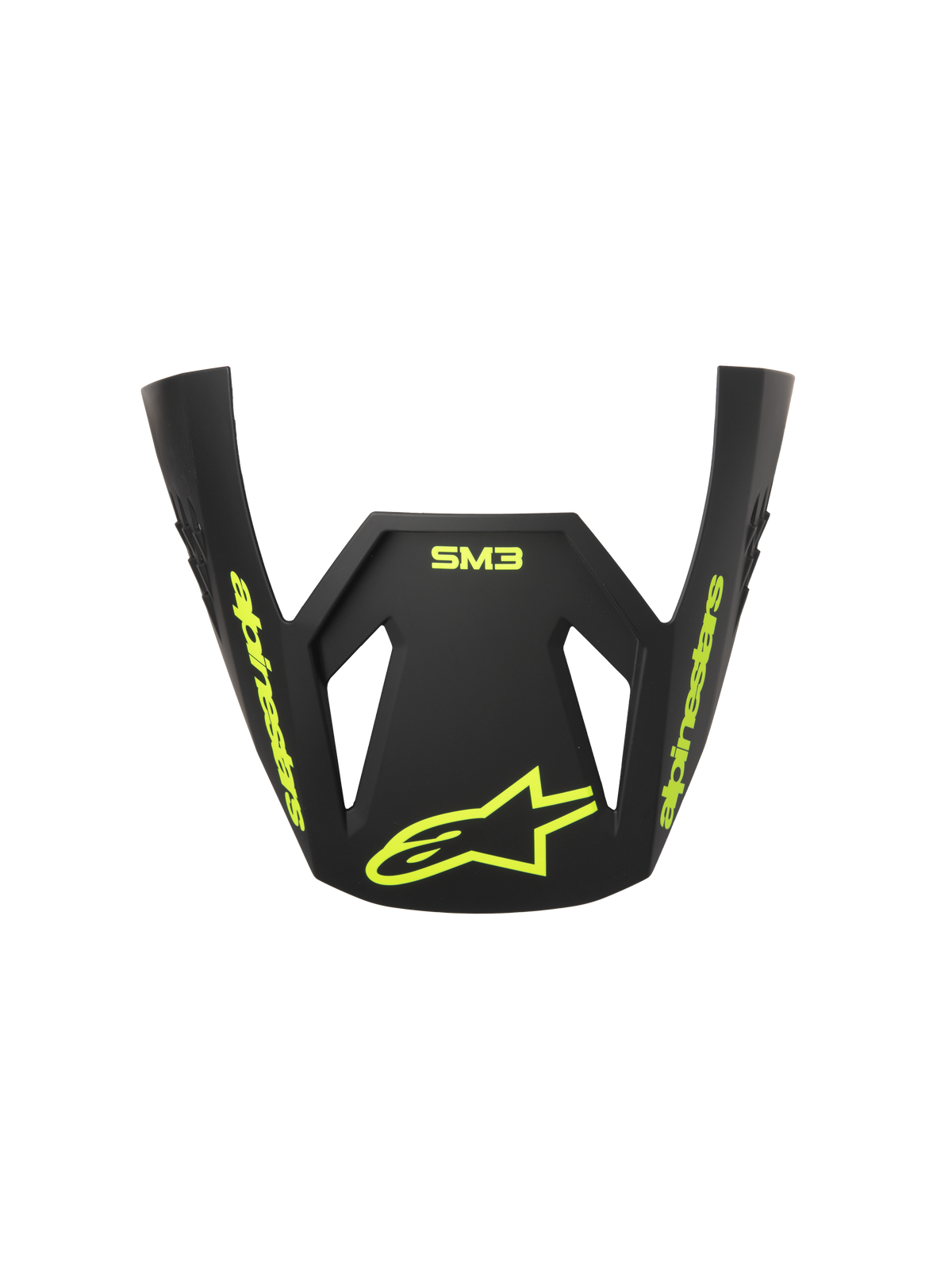 Visiera Alpinestars S-M3 Radium ECE06, frontino di ricambio per casco da motocross, grigio, nero e giallo fluo opaco, con branding e logo a stella Alpinestars giallo fluo, finitura opaca, design aerodinamico per gare fuoristrada