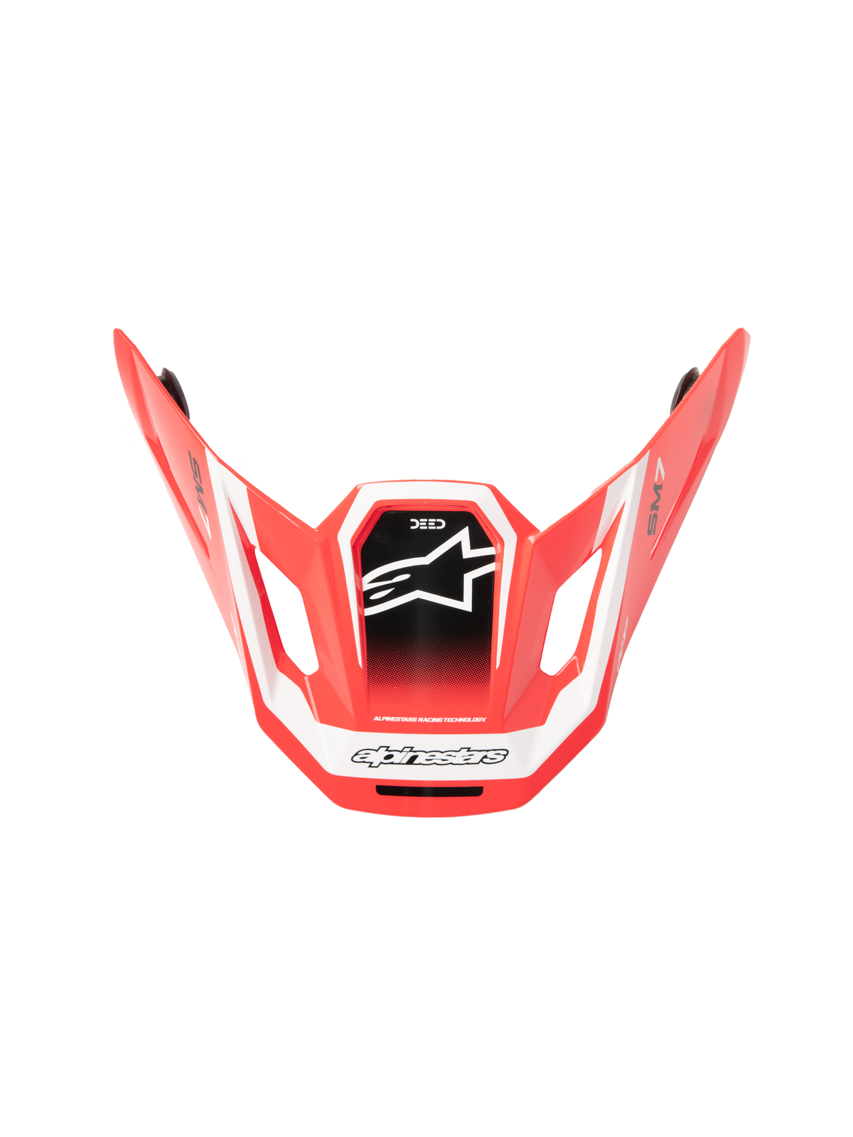Alpinestars S-M7 Deed ECE06 Visor, visiera per casco da motocross, rosso, nero e bianco lucido, design aerodinamico angolare con logo a stella bianco su pannello centrale nero, branding SM7 e Deed, finitura lucida per prestazioni off-road