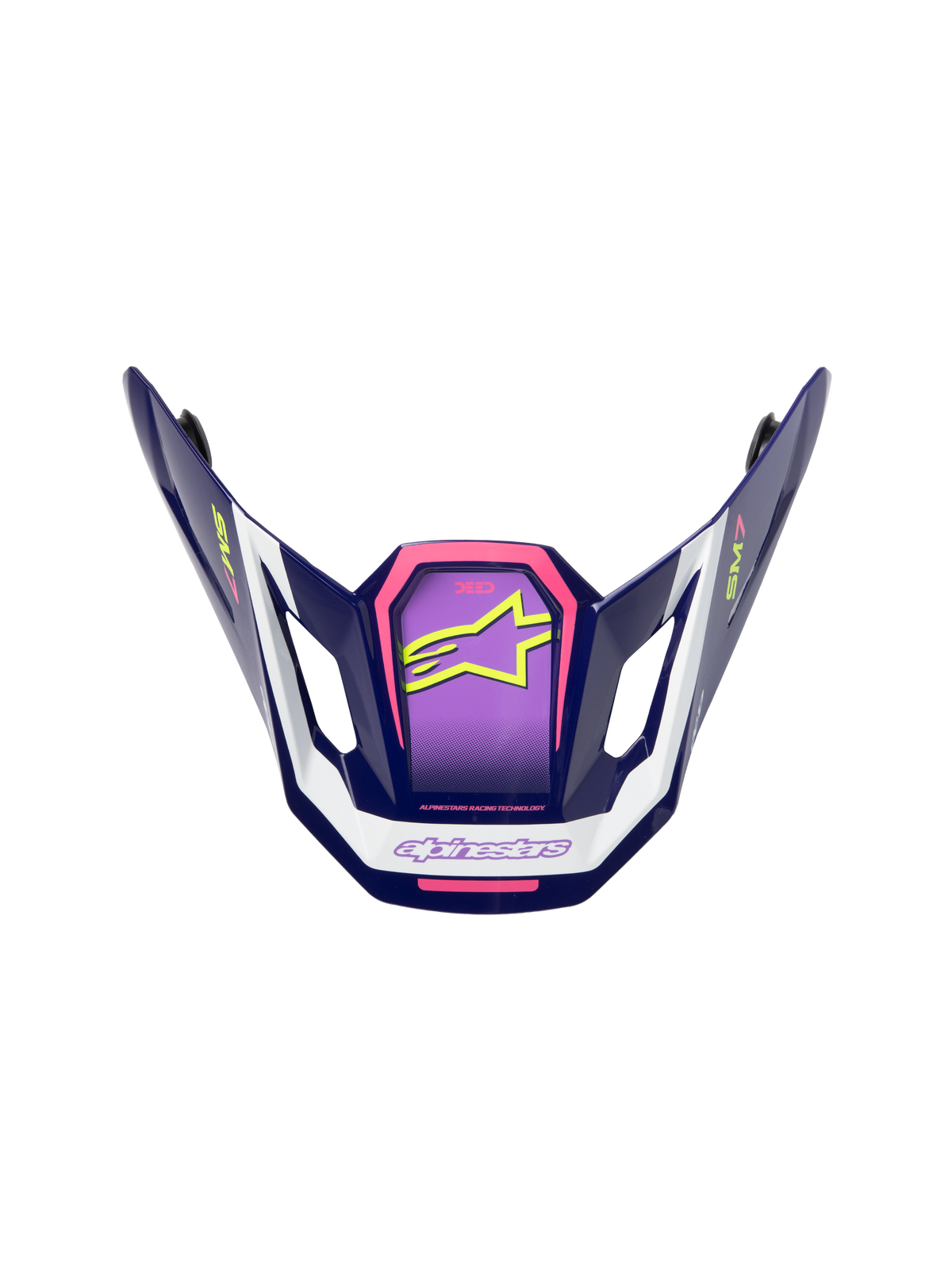 Alpinestars S-M7 Deed Visor, visiera per casco motocross, viola, rosa e bianco, finitura lucida con logo a stella giallo neon e marchio SM7, design aerodinamico angolare per competizioni fuoristrada
