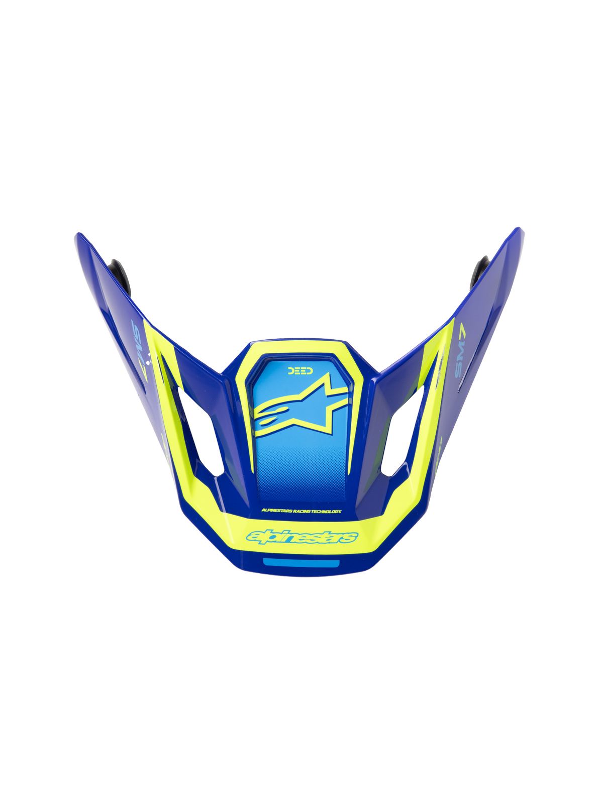 Alpinestars S-M7 Deed ECE06 Visor, visiera di ricambio per casco da motocross, blu e giallo fluo con finitura lucida, design aerodinamico angolare con prese d'aria laterali, caratterizzata da loghi e grafiche Alpinestars gialli in evidenza