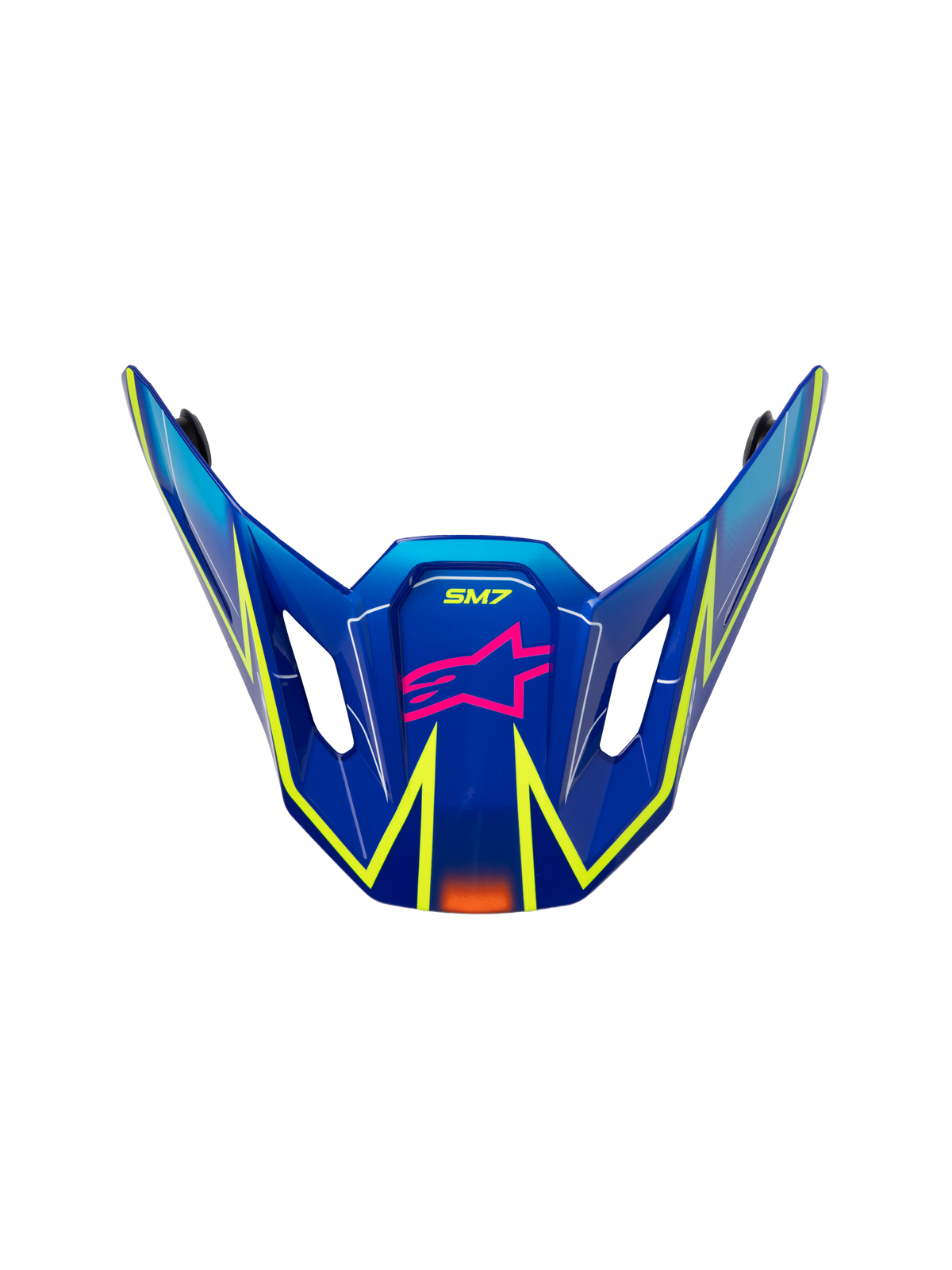 Alpinestars S-M7 Cast Visor, frontino di ricambio per casco da motocross, blu lucido con accenti rosa e giallo fluo, con logo a stella rosa e marchio SM7, design aerodinamico con prese d'aria laterali