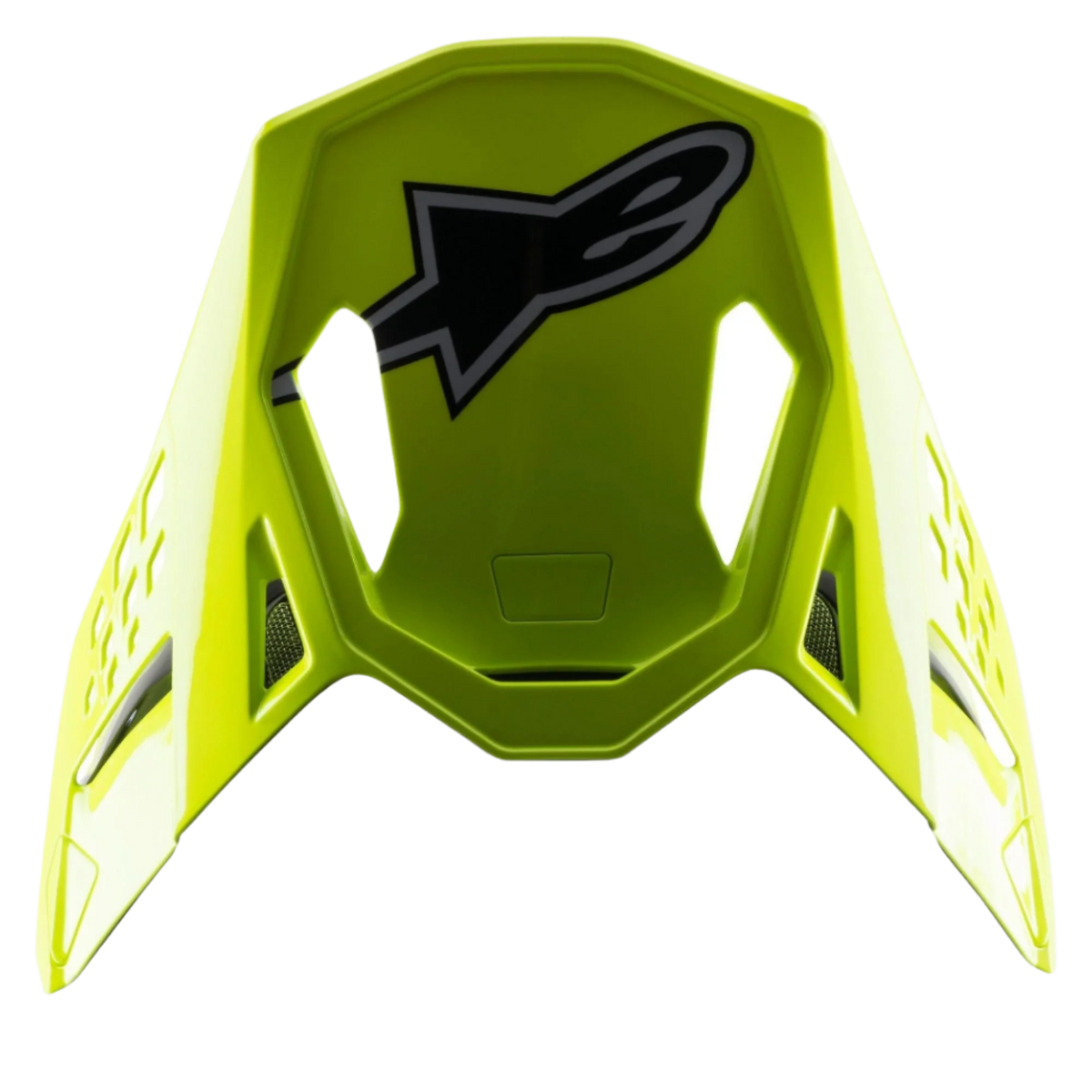 Alpinestars S-M8 Factory Visor, visiera di ricambio per casco da motocross, giallo fluo brillante, con grande logo Alpinestars nero e grigio sulla parte superiore, finitura lucida con aperture aerodinamiche, accessorio per caschi Supertech M8