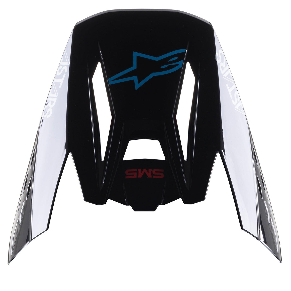 Alpinestars Visiera S-M5 Bond, frontino di ricambio per casco da motocross, nero ciano lucido, con logo a stella Alpinestars blu e pannelli laterali bianchi con scritta 'ASTARS', progettata per corse fuoristrada
