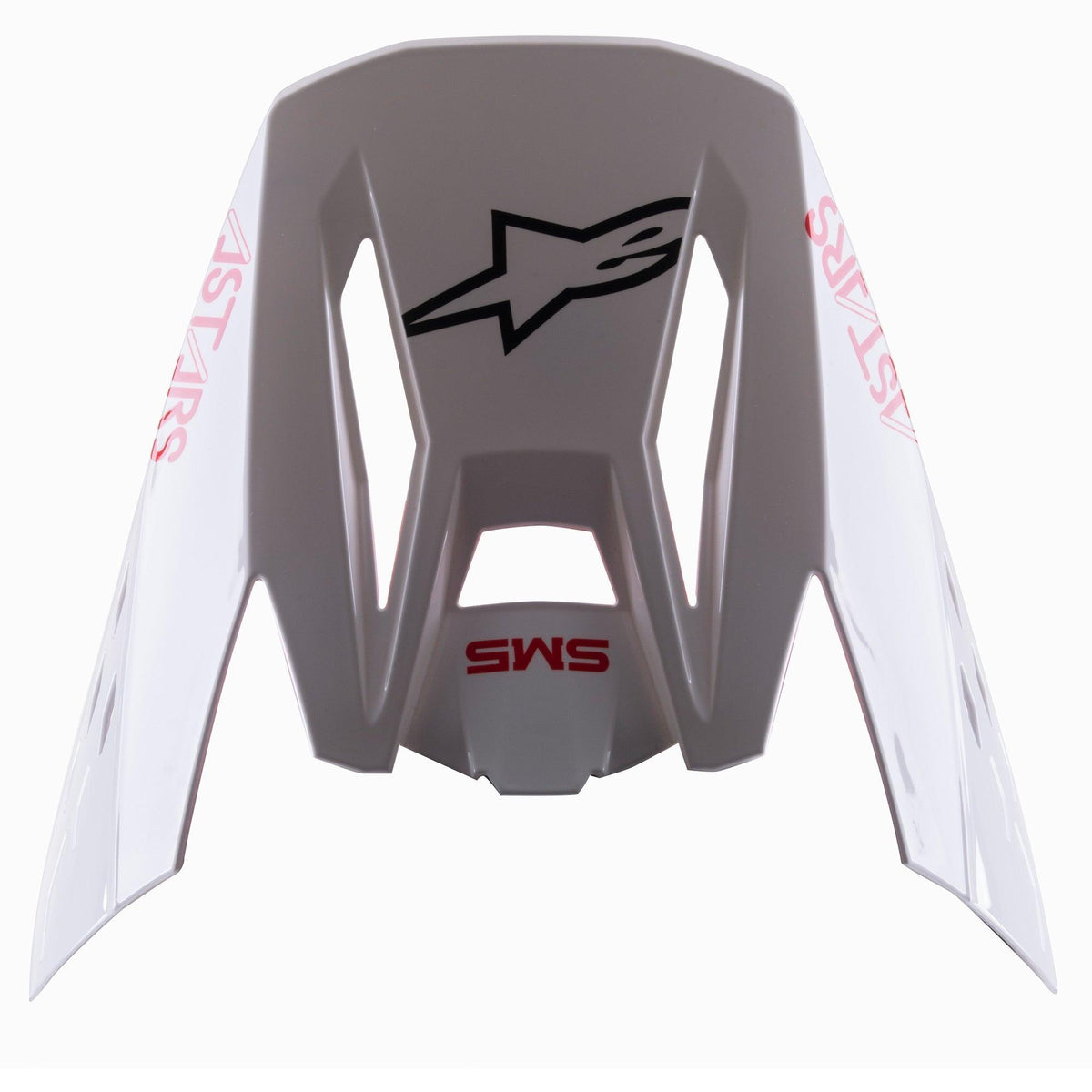 Alpinestars S-M5 Bond White Red Glossy Visor, frontino di ricambio per casco da motocross, bianco lucido con loghi ASTARS e SM5 rossi, logo a stella nero, design aerodinamico per corse fuoristrada