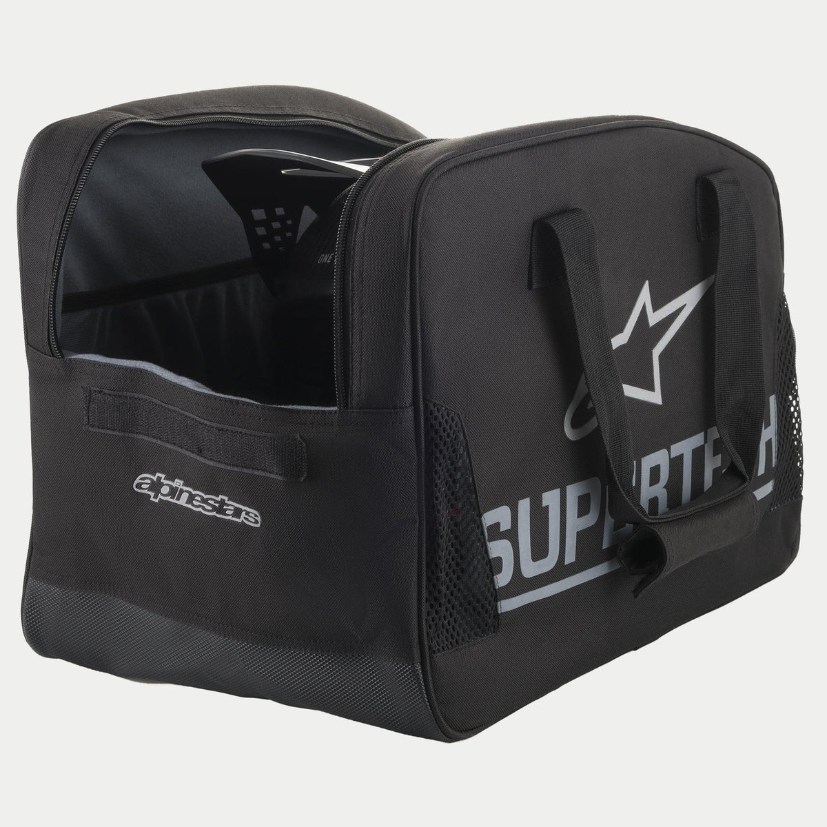 Alpinestars Borsa S M 10 Semi Rigid, borsa semi-rigida per casco da motocross, nera con dettagli color argento e logo Alpinestars, maniglie di trasporto resistenti