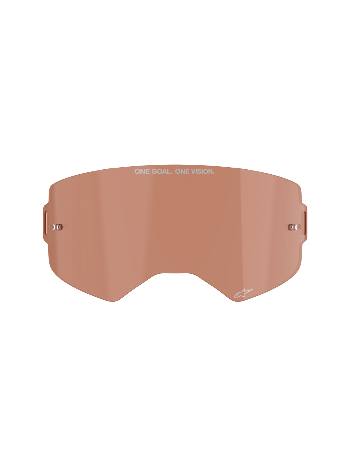 Lente Alpinestars Supertech, tonalità Copper Rose, visiera in policarbonato stampato a iniezione con attacchi in metallo integrati, scritta "ONE GOAL. ONE VISION.", accessorio per motocross e off-road