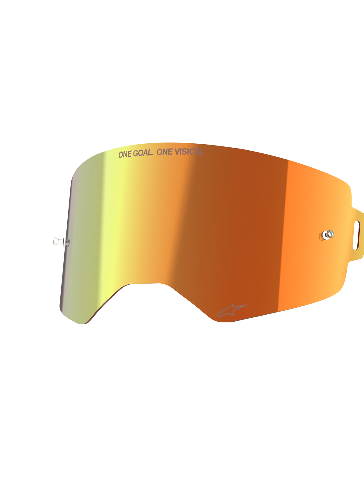 Lente a specchio Alpinestars Supertech, accessorio di ricambio per maschera, Mirror Red con sfumatura arancione e gialla, con scritta 'ONE GOAL. ONE VISION.' e logo Alpinestars, finitura riflettente con perni per tear-off per gare di motocross
