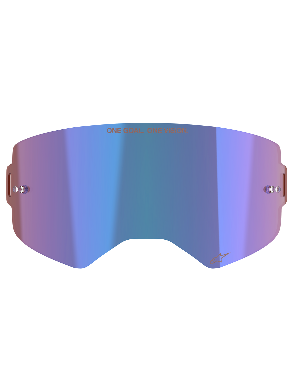 Alpinestars Supertech Mirror Lens, accessorio per maschera da motocross, blu specchiato con sfumature viola, tecnologia Absolute Vision™, perni tear-off integrati e slogan 'ONE GOAL. ONE VISION.' sulla parte superiore