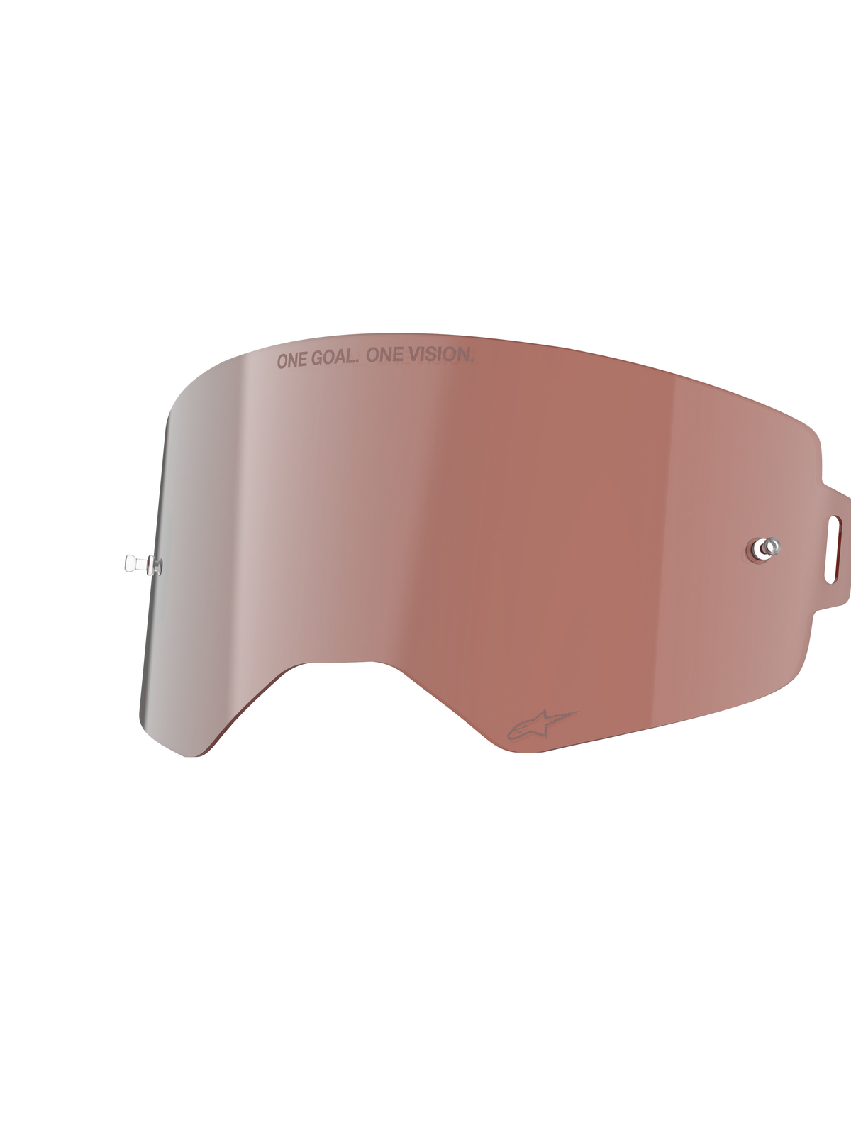 Alpinestars Supertech Mirror Lens, lente di ricambio per maschera, Mirror Silver con tinta calda, con testo 'ONE GOAL. ONE VISION.' e perni per tear-off, robusta struttura in policarbonato per motocross e gare fuoristrada