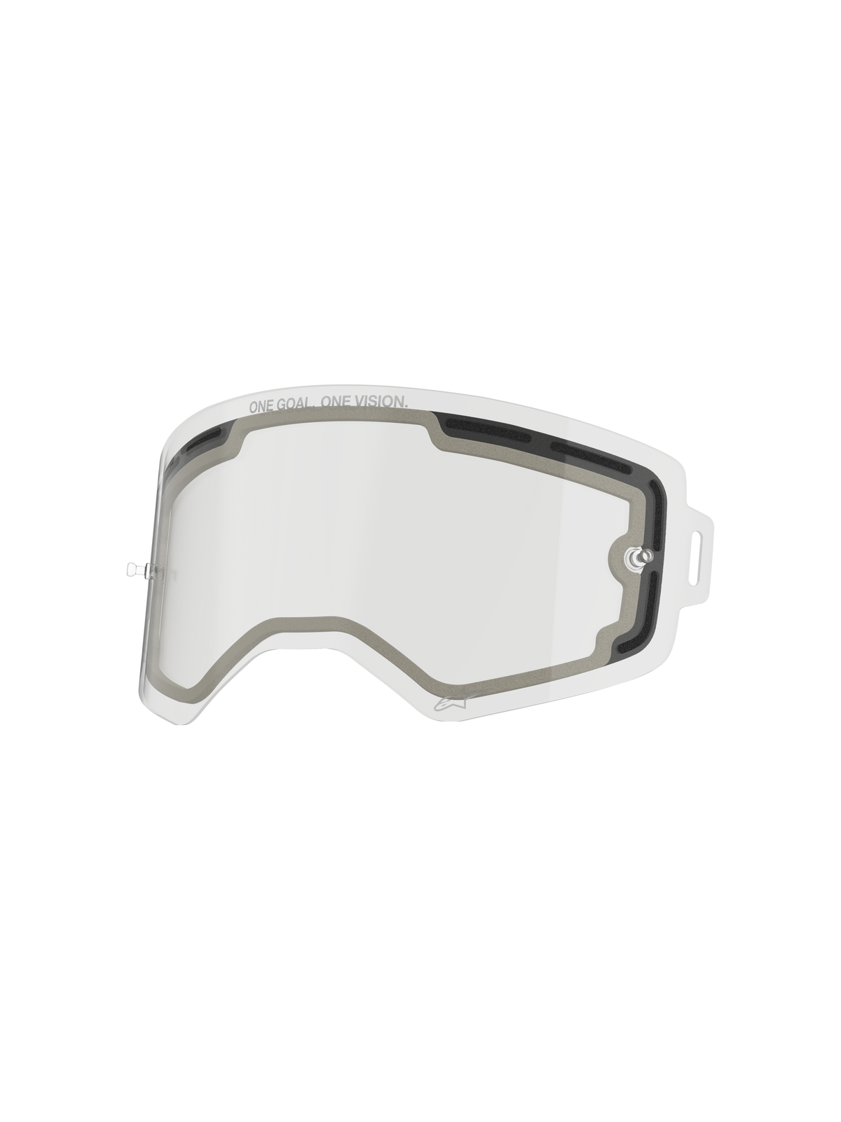 Lente a doppio strato Alpinestars Supertech, lente di ricambio trasparente per occhiali, design ventilato con guarnizione in schiuma grigia, con scritta "ONE GOAL. ONE VISION.", policarbonato resistente agli urti per prestazioni da motocross