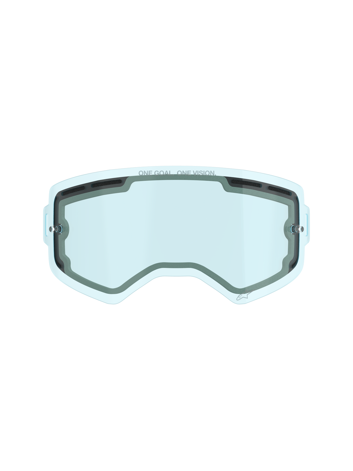 Alpinestars Supertech Dual Pane Vented Lens, lente di ricambio per occhiali da motocross, tinta blu, costruzione in policarbonato a doppio strato, guarnizione in schiuma nera, fori di ventilazione superiori e laterali, branding 'ONE GOAL. ONE VISION.', prestazioni antiappannamento per gare off-road