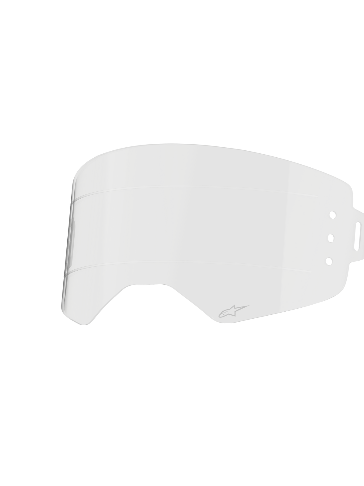 Alpinestars Supertech Roll Off Lens, accessorio per occhiali trasparente, in policarbonato stampato a iniezione con linee di scorrimento orizzontali, presenta un piccolo logo Alpinestars, ricambio ufficiale per occhiali Supertech Wide Vision