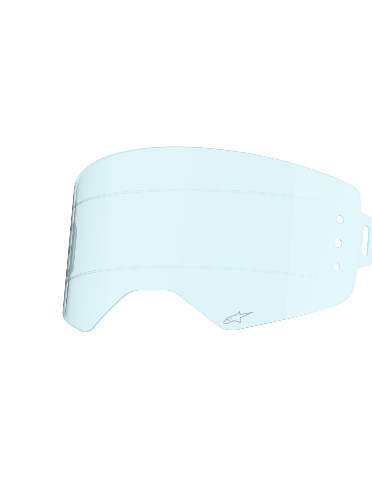 Lente Alpinestars Supertech Wide Vision Roll-Off, tinta Clear Blue, costruzione in policarbonato stampato a iniezione, con linee di scorrimento in silicone orizzontali e logo A-star, lente di ricambio per occhiali da motocross progettata per la visibilità off-road